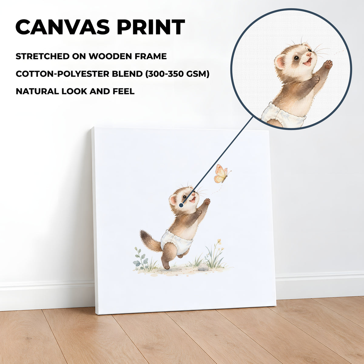 Baby Ferret in a White Diaper Tries to Catch a Butterfly: stretched canvas, 40 × 40 cm, styled in a room