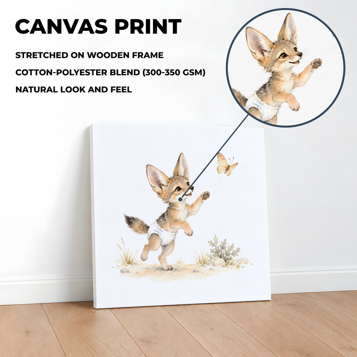 Bébé chacal essaie d’attraper un papillon en plein vol : toile sur châssis, 40 × 40 cm, en situation