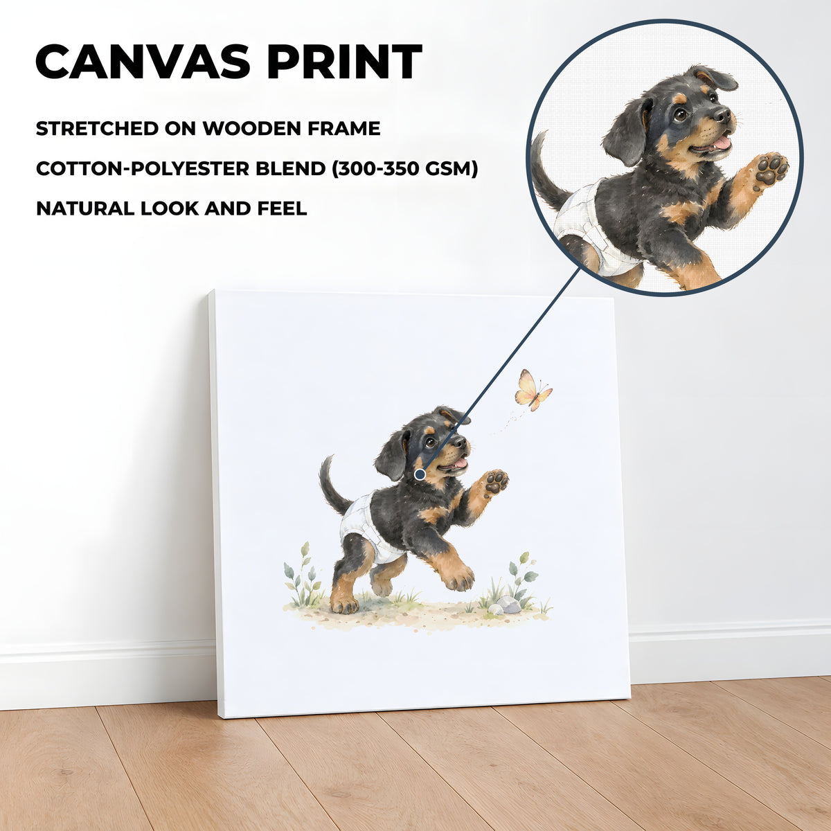 Bébé beauceron en couche blanche tend la patte vers un papillon : toile sur châssis, 40 × 40 cm, en situation
