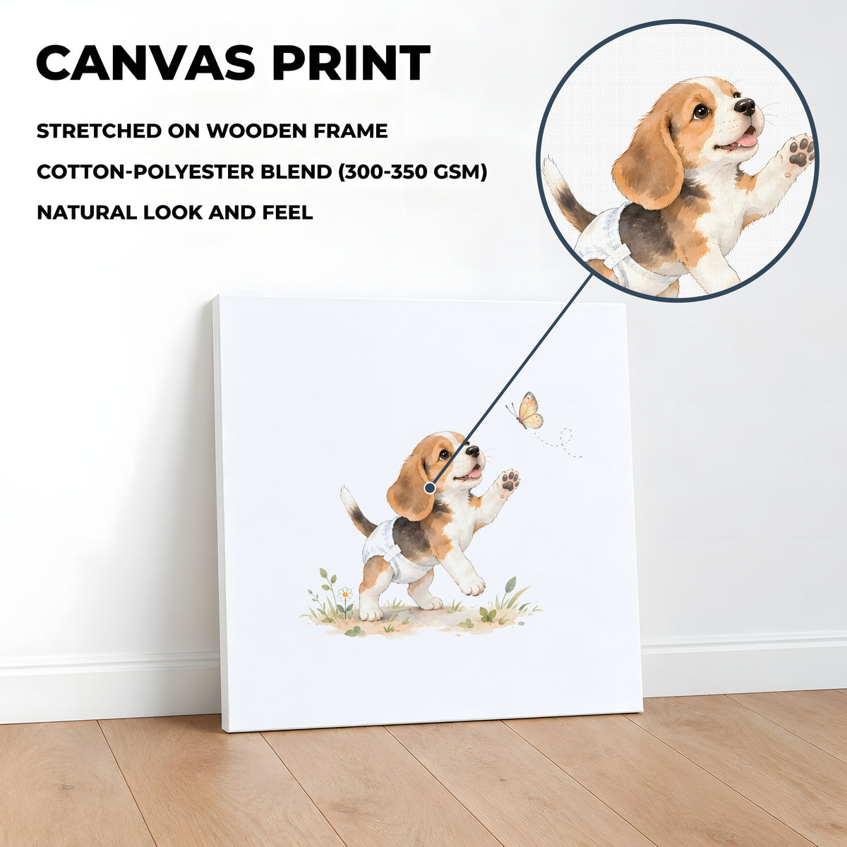 Bébé beagle en couche blanche tend les pattes vers un papillon : toile sur châssis, 40 × 40 cm, en situation