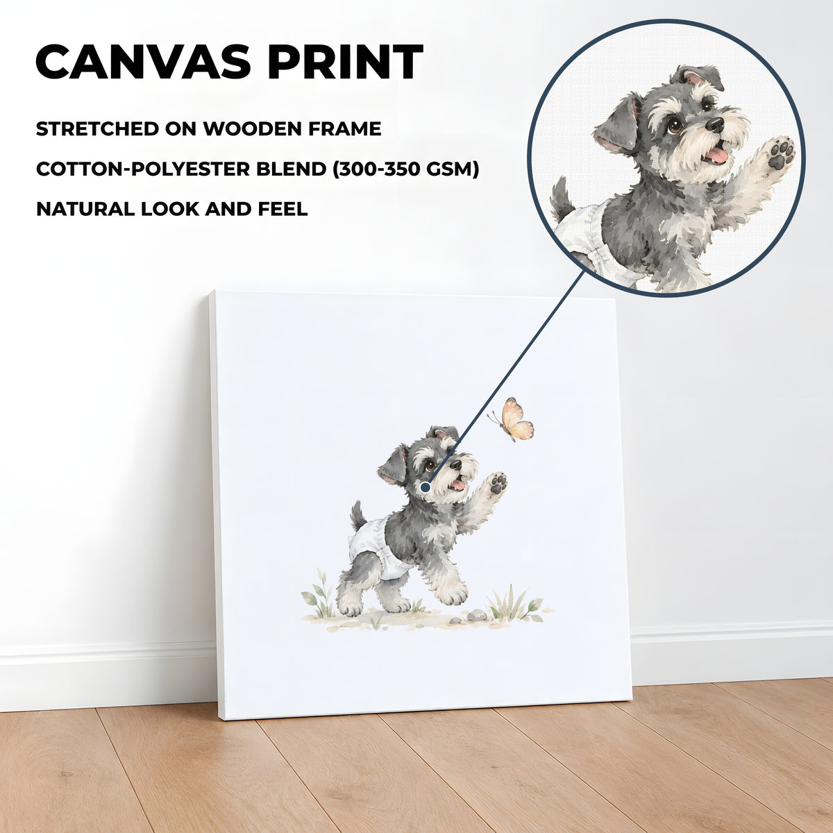 Chiot schnauzer nain en couche blanche à la poursuite d’un papillon : toile sur châssis, 40 × 40 cm, en situation