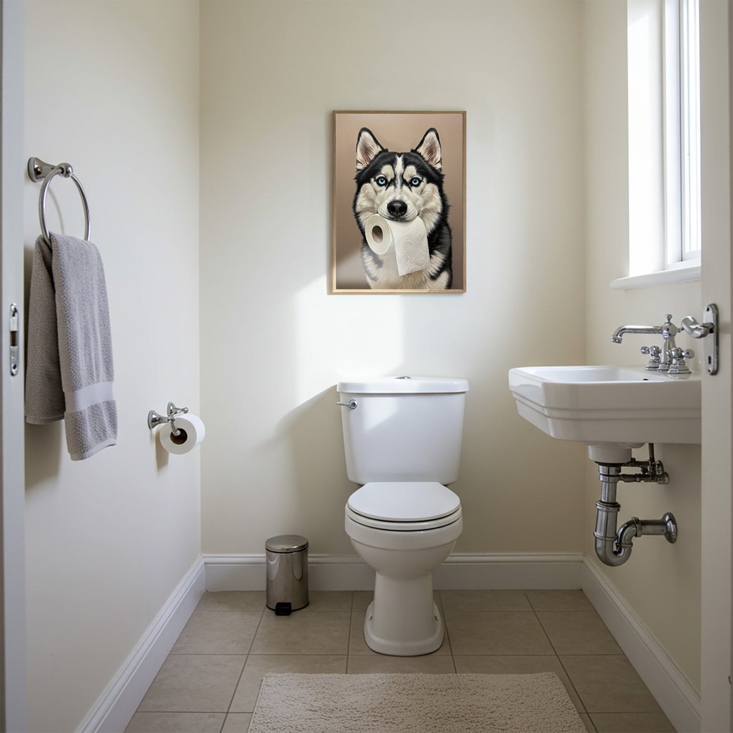 Husky mordant un rouleau de papier toilette, Humour Toilettes, Poster WC, Cadeau Husky, Affiche encadrée, Poster chien