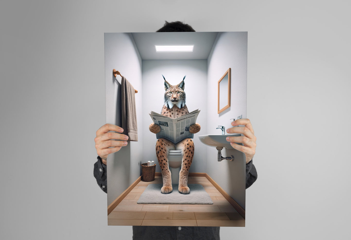 Lynx Reading Newspaper Toilet Poster - Funny Bathroom Wall Art Decor - Unique Gag Gift Print for WC