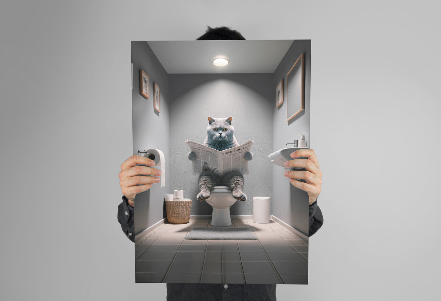 Affiche Murale Chat British Shorthair Lisant aux Toilettes, Déco Humour Salle de Bain & WC, Idée Cadeau Amusante