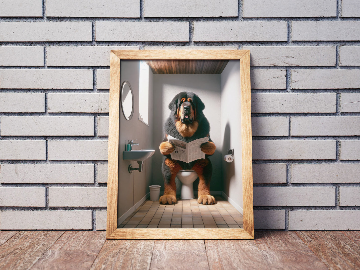 "Tibetan Mastiff Dog Reading Newspaper Poster - Funny Bathroom Wall Art, Toilet Decor, Gag Gift"
