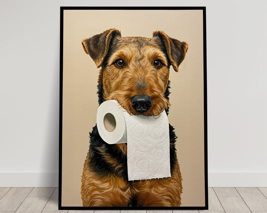 Poster chien humoristique pour WC – Airedale Terrier avec papier toilette, décoration murale, cadeau original pour toilettes, affiche encadrée