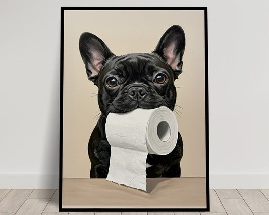 Poster drôle Bouledogue Français noir pour toilettes - Décoration murale WC, cadeau original, affiche encadrée mur déco