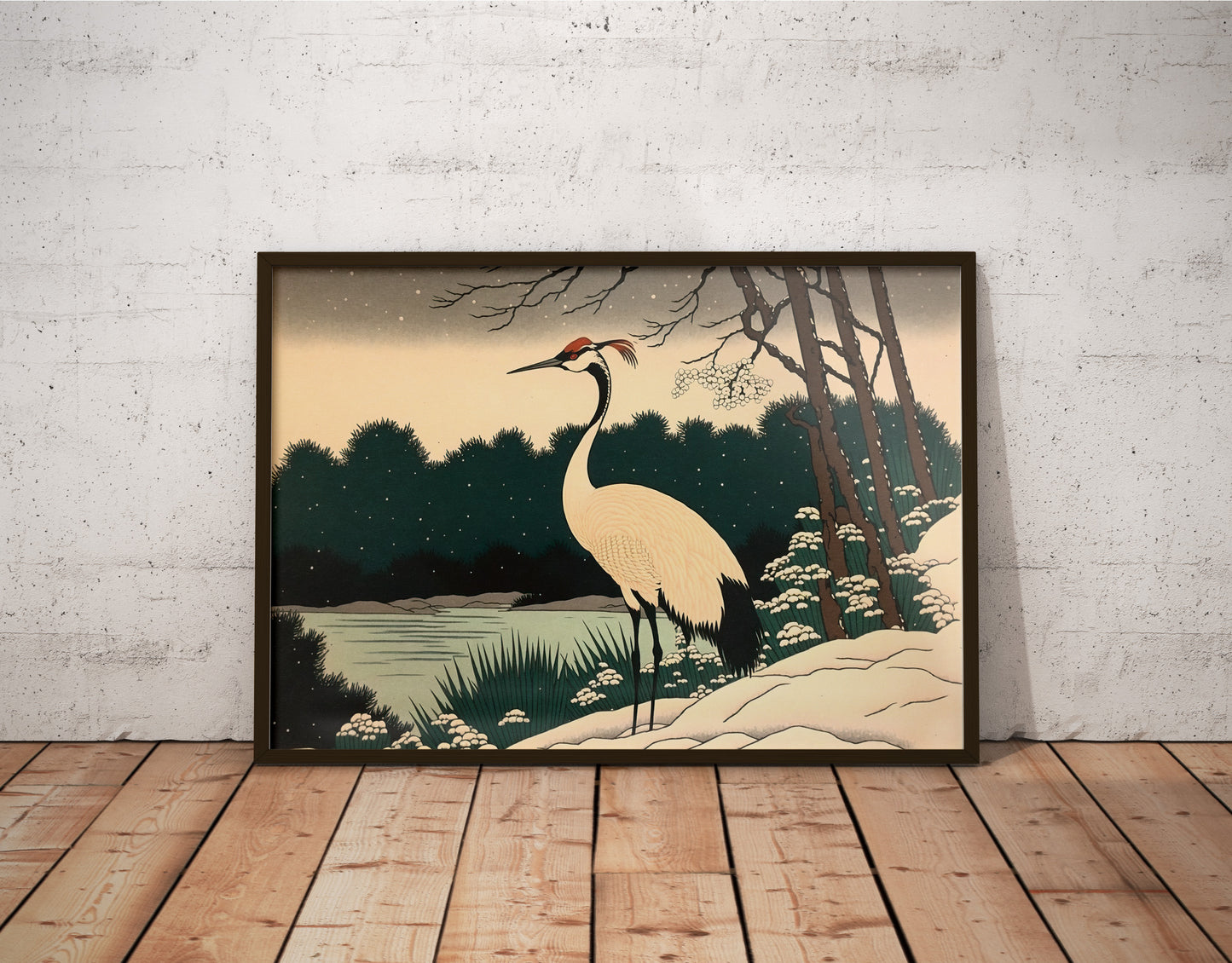 Japanese Crane Poster in Snowy Winter Landscape – Lake, Forest & Japanese Art Style – Asian Wall Decor