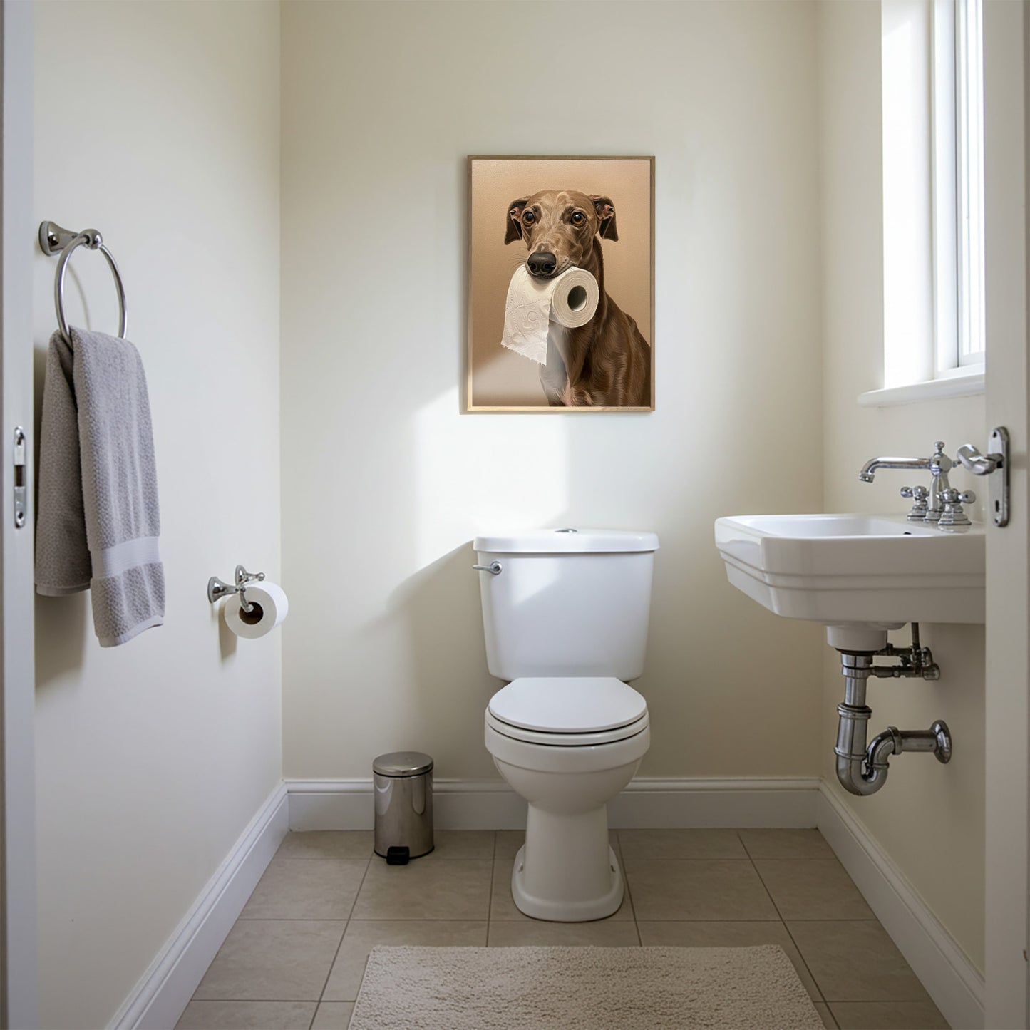 Greyhound with toilet paper roll in mouth, Toilet Humor, Greyhound Gifts, Bathroom Print, Dog Lover Gift, WC Wall Art, Framed Print