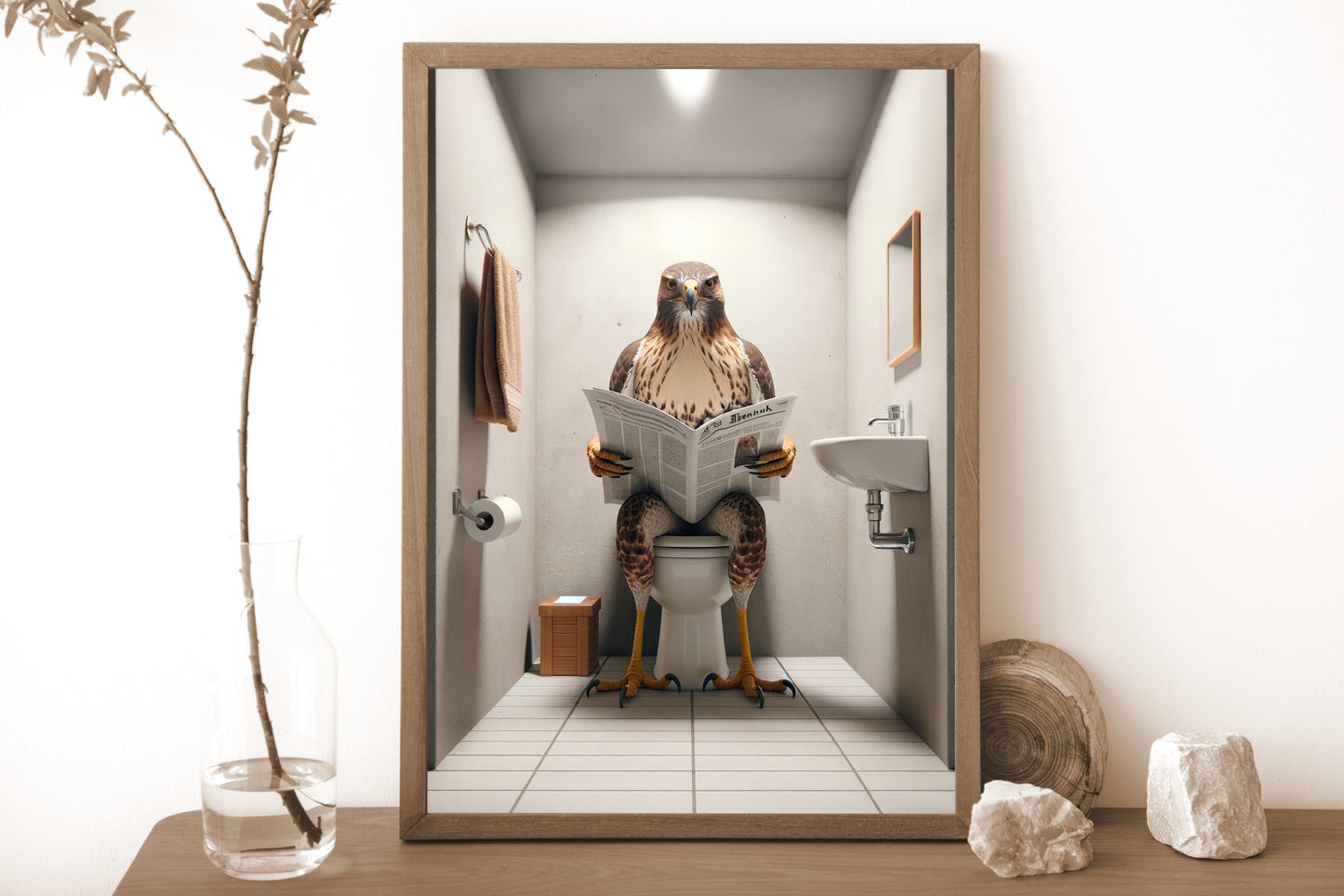 Funny Hawk Reading Newspaper Poster – Unique Bathroom Decor Wall Art, Perfect Gag Gift for Toilet or WC