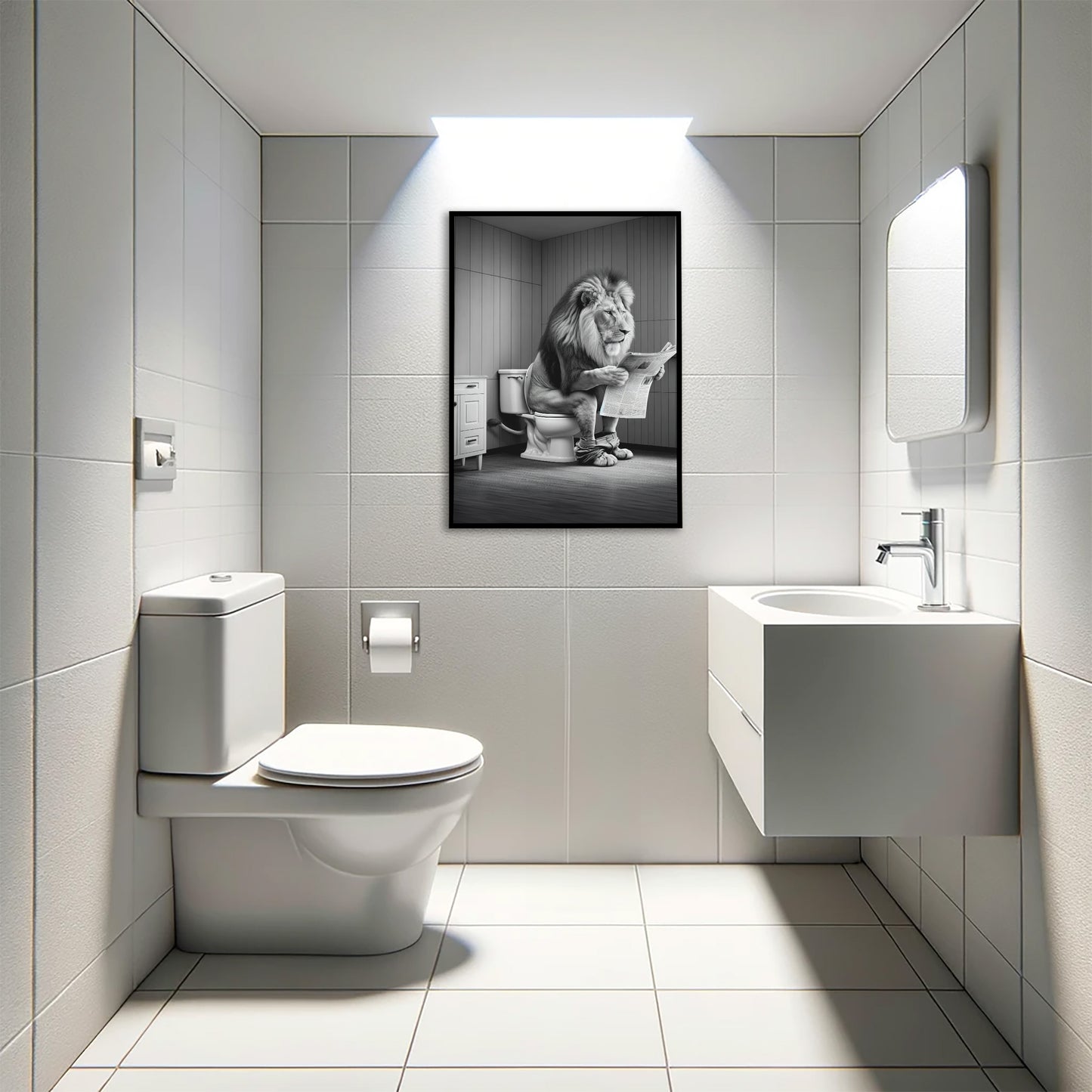 Lion Reading on Toilet Poster - Black and White Funny Bathroom Wall Art - Unique WC Decor - Fun Gift Idea