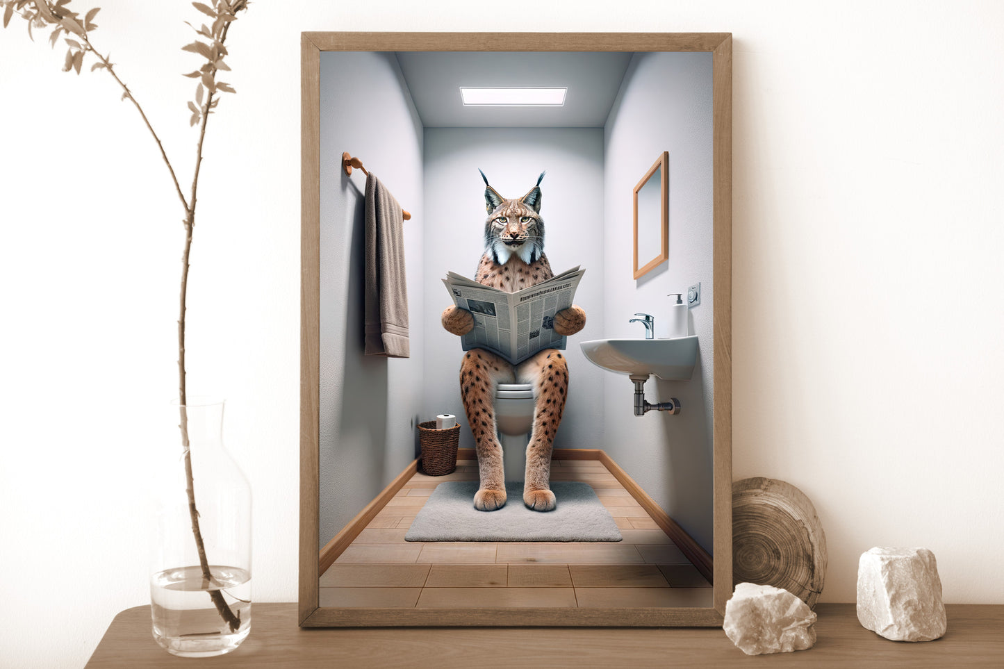 Lynx Reading Newspaper Toilet Poster - Funny Bathroom Wall Art Decor - Unique Gag Gift Print for WC