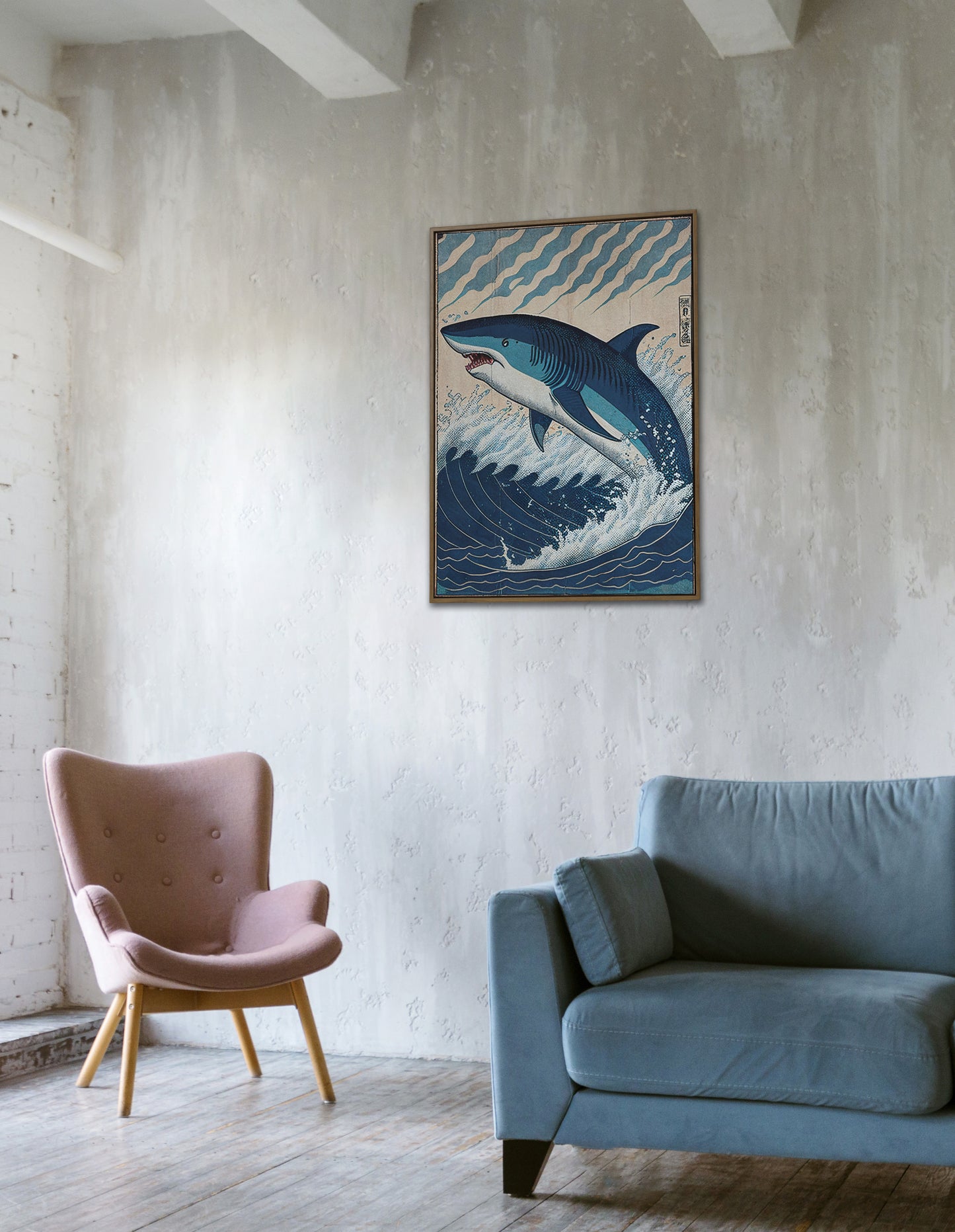 Japanese Shark Poster - Ukiyo-e Style Wall Art, Japan-Inspired Shark Print Decoration for Home or Office