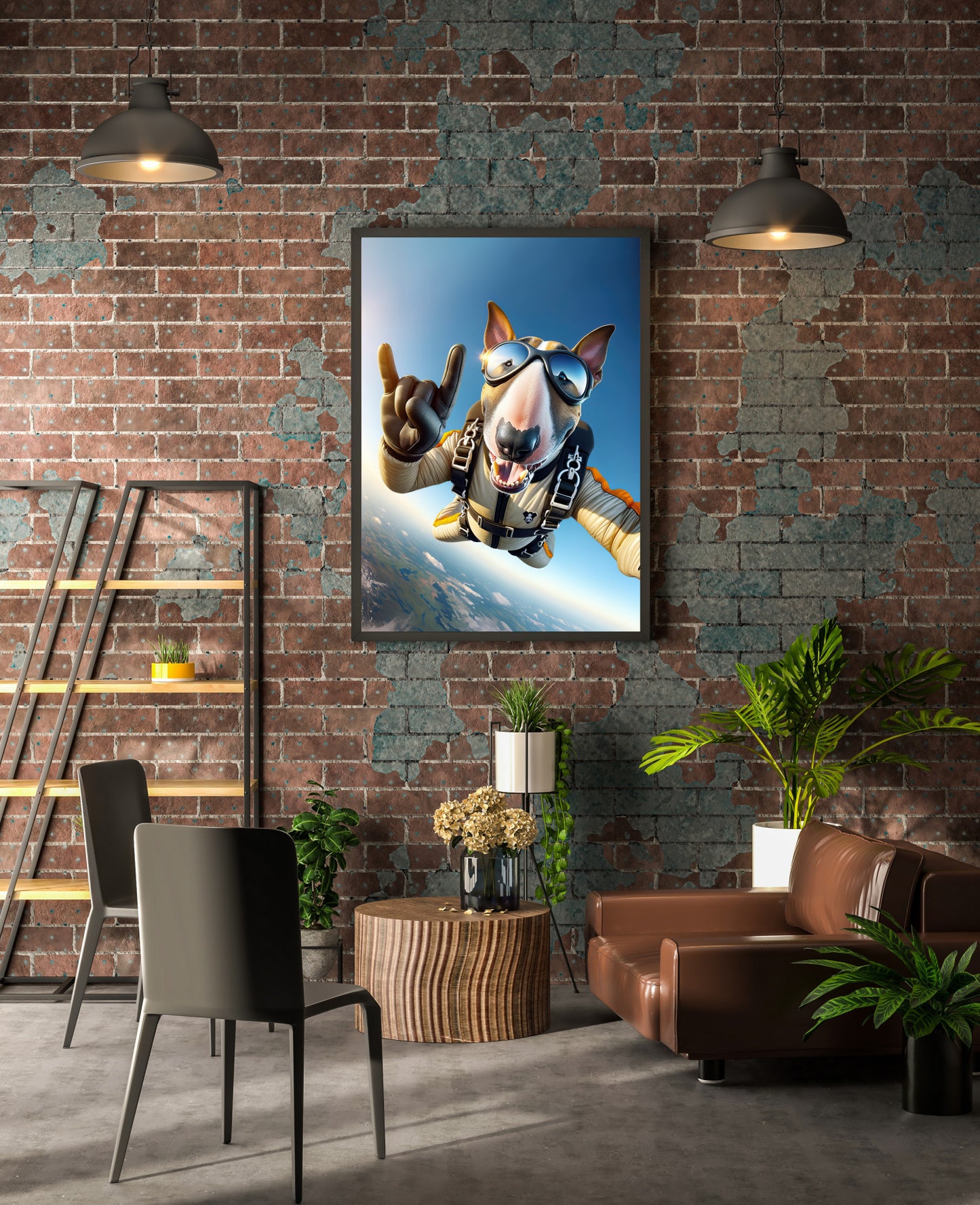 Affiche Bull Terrier Saut en Parachute - Poster Animal Extrême, Décoration Murale Sport, Idée Cadeau Originale