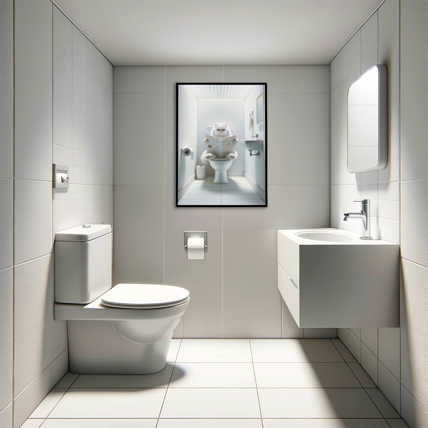 Affiche Murale Chat Persan Blanc aux Toilettes, Décoration Humour Salle de Bain, Poster WC Rigolo, Cadeau Amoureux des Chats