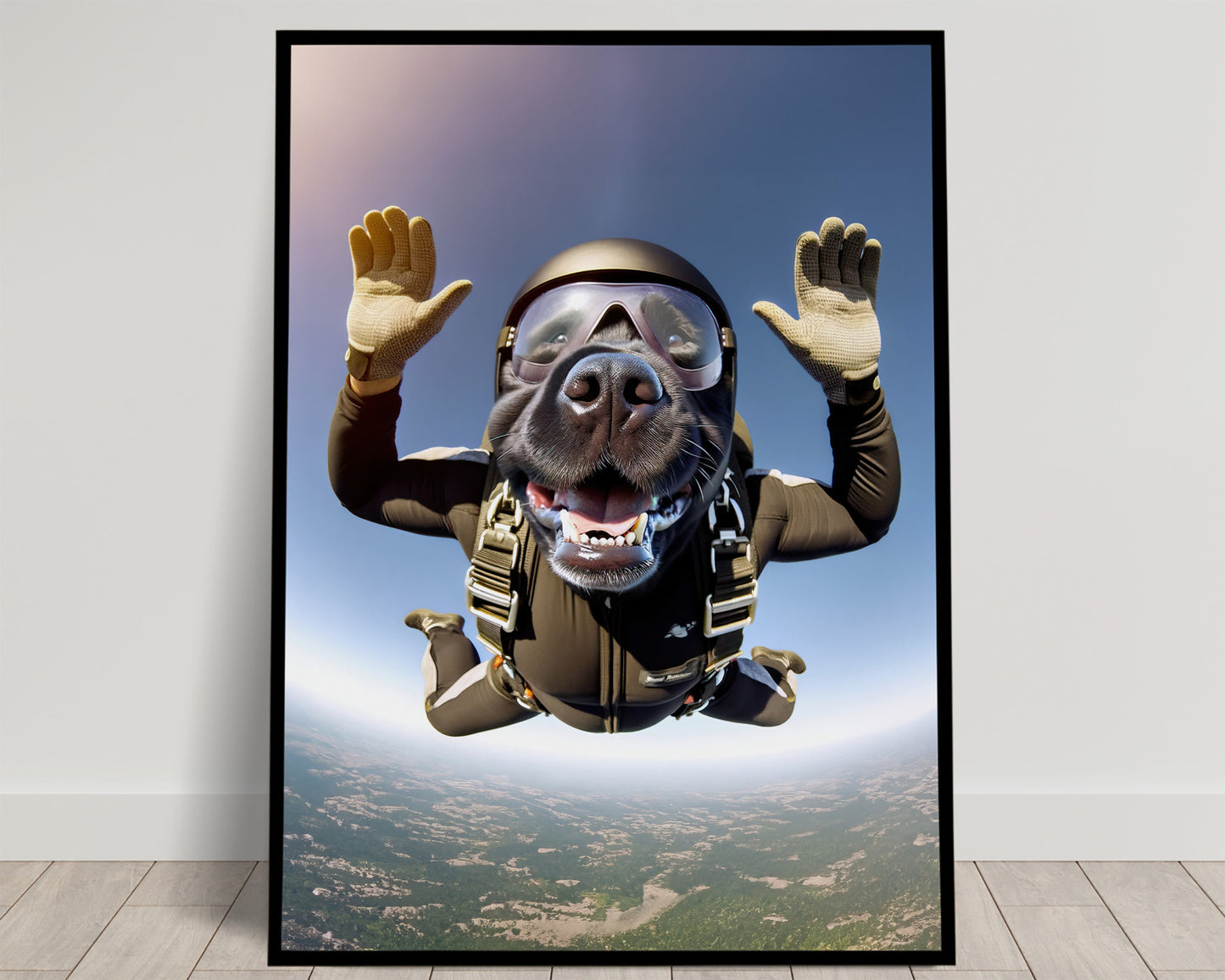 Epic Skydiving Black Labrador Poster - Unique Animal Print, Extreme Sport Wall Art, Dog Lover Gift Decor