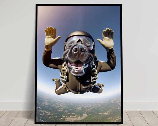 Epic Skydiving Black Labrador Poster - Unique Animal Print, Extreme Sport Wall Art, Dog Lover Gift Decor