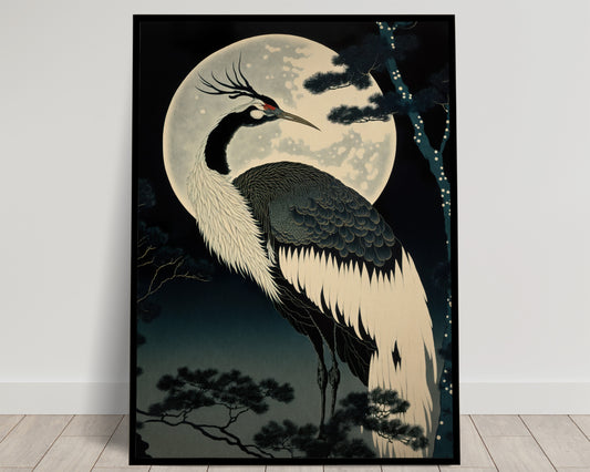 "Japanese Crane Poster in Moonlight - Asian Style Wall Art Decor for Home and Office"