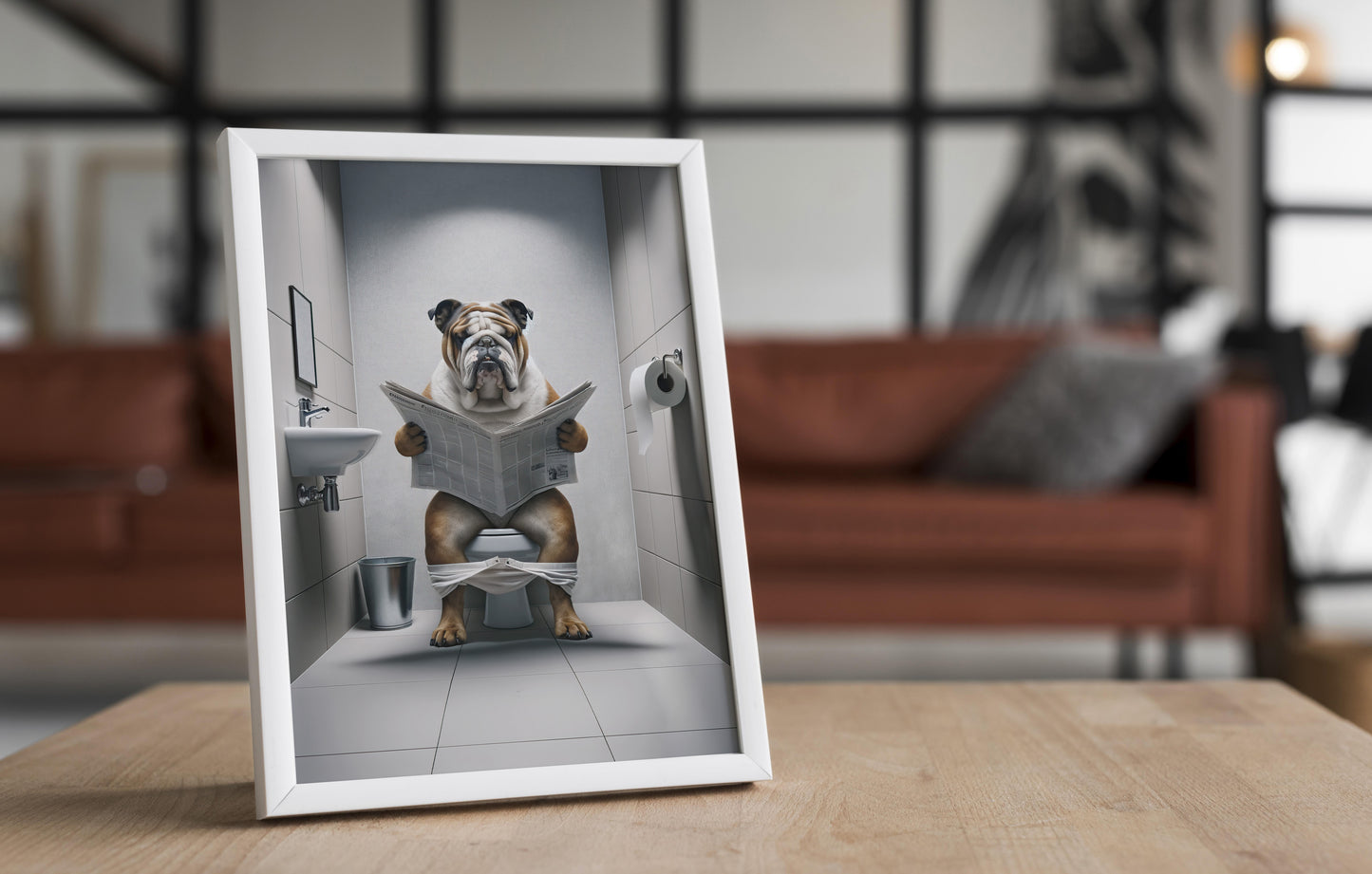 English Bulldog Reading Newspaper Poster – Fun Bathroom Decor, Unique WC Toilet Wall Art, Perfect Gift