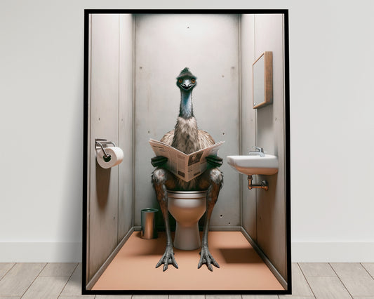 Funny Emu Reading Newspaper Poster - Unique Bathroom Wall Art Decor - WC Toilet Gag Gift