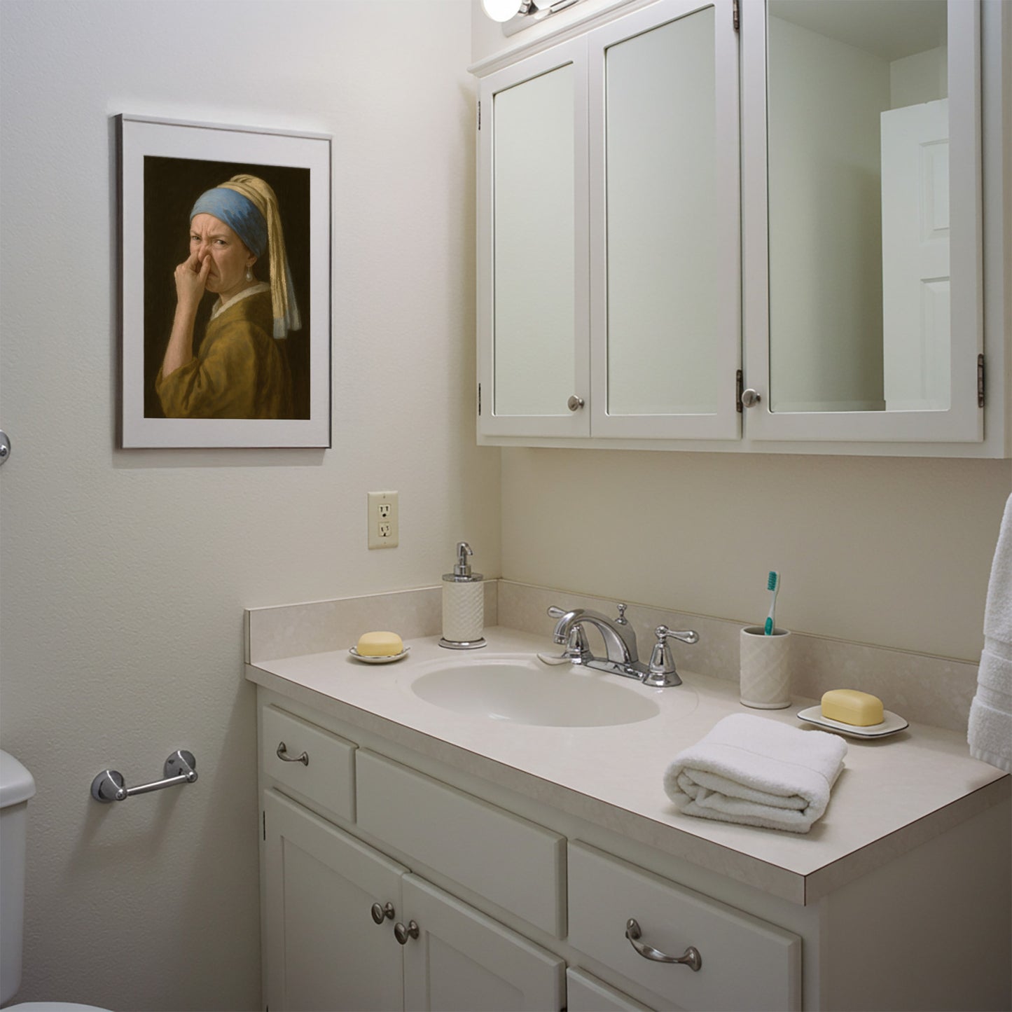 Poster Humour Toilettes – Parodie La Jeune Fille à la perle, Déco WC Insolite, Affiche Vermeer, Idée Cadeau Crémaillère