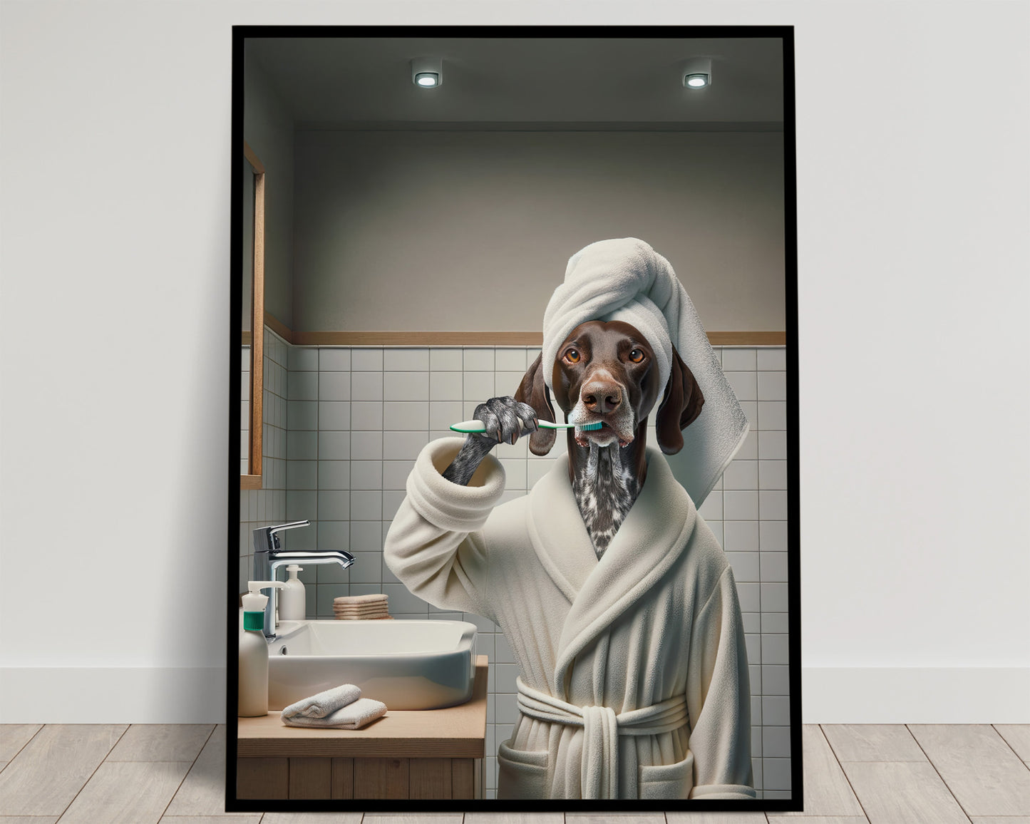 Portrait of a German Shorthaired Pointer Brushing Teeth in Bathrobe – Funny Dog Bathroom Decor, Cute Poster, Gag Gift, Framed art