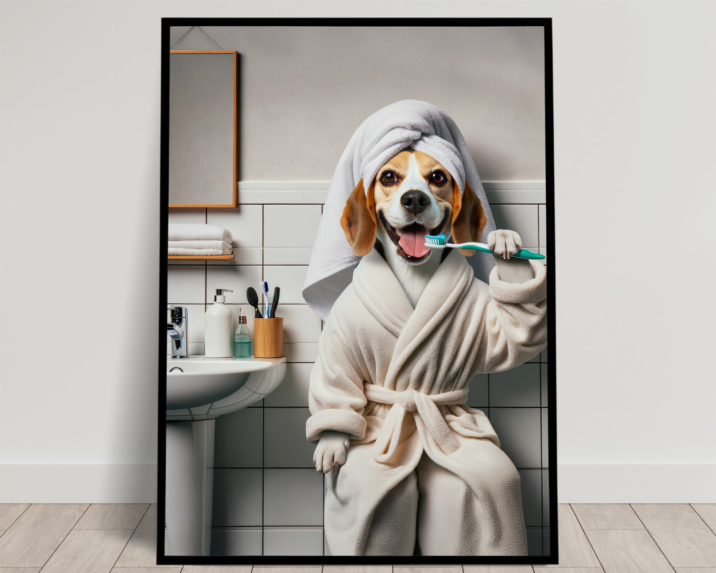 Portrait of a Beagle Brushing Teeth in Bathrobe – Funny Dog Bathroom Decor, Cute Poster, Beagle Prints, Beagle Gifts, Framed art