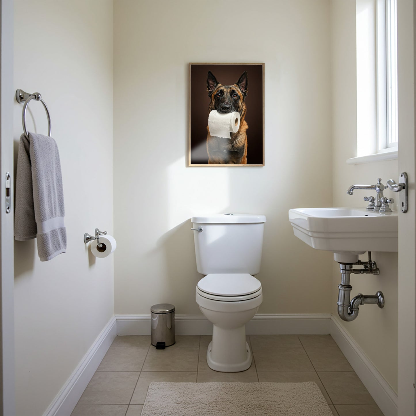Malinois mordant un rouleau de papier toilette, Humour Toilettes, Poster WC, Cadeau Malinois, Affiche encadrée, Poster chien
