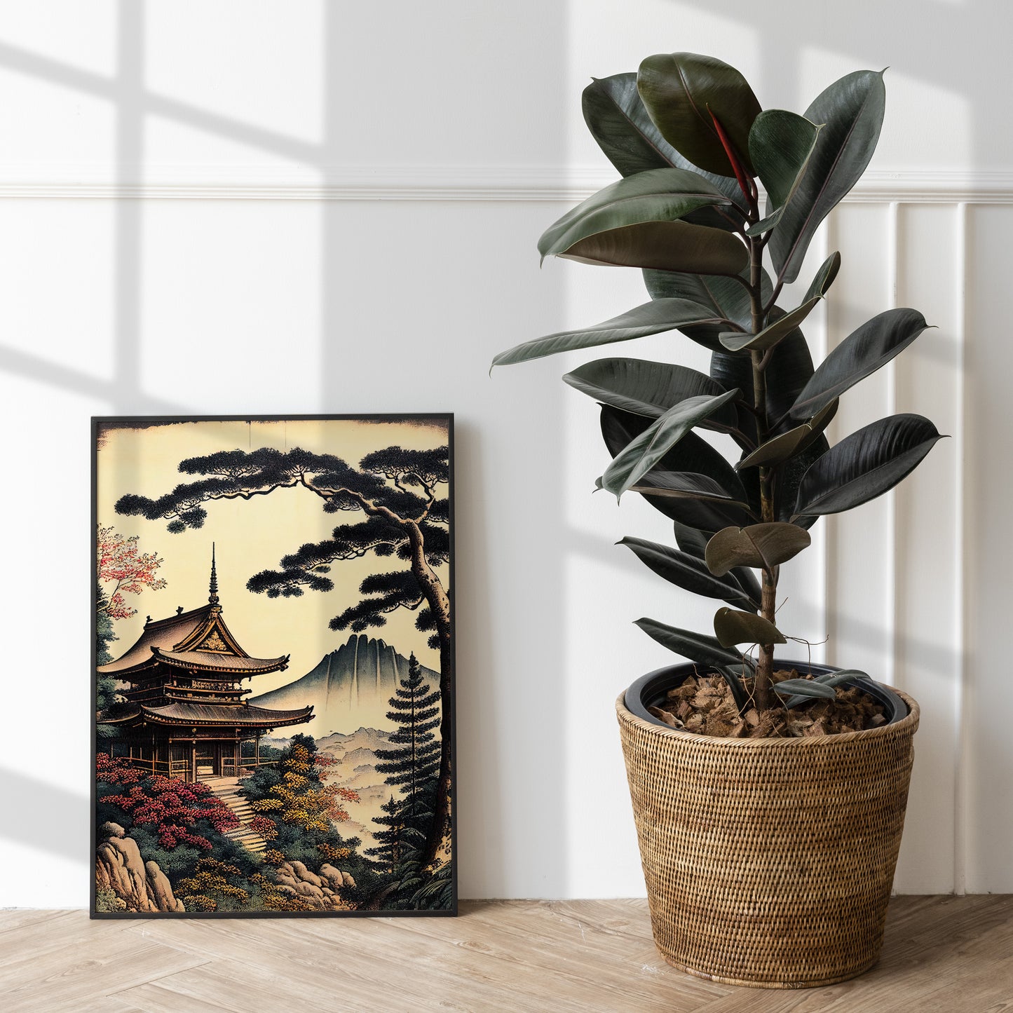 Japanese Temple Wall Poster – Artistic Japanese Style Illustration, Rural Landscape Wall Decor, Frameable Poster