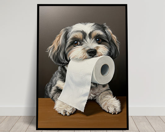 Poster chien Bichon havanais humoristique pour toilettes – Cadeau original, affiche encadrée ou déco murale WC