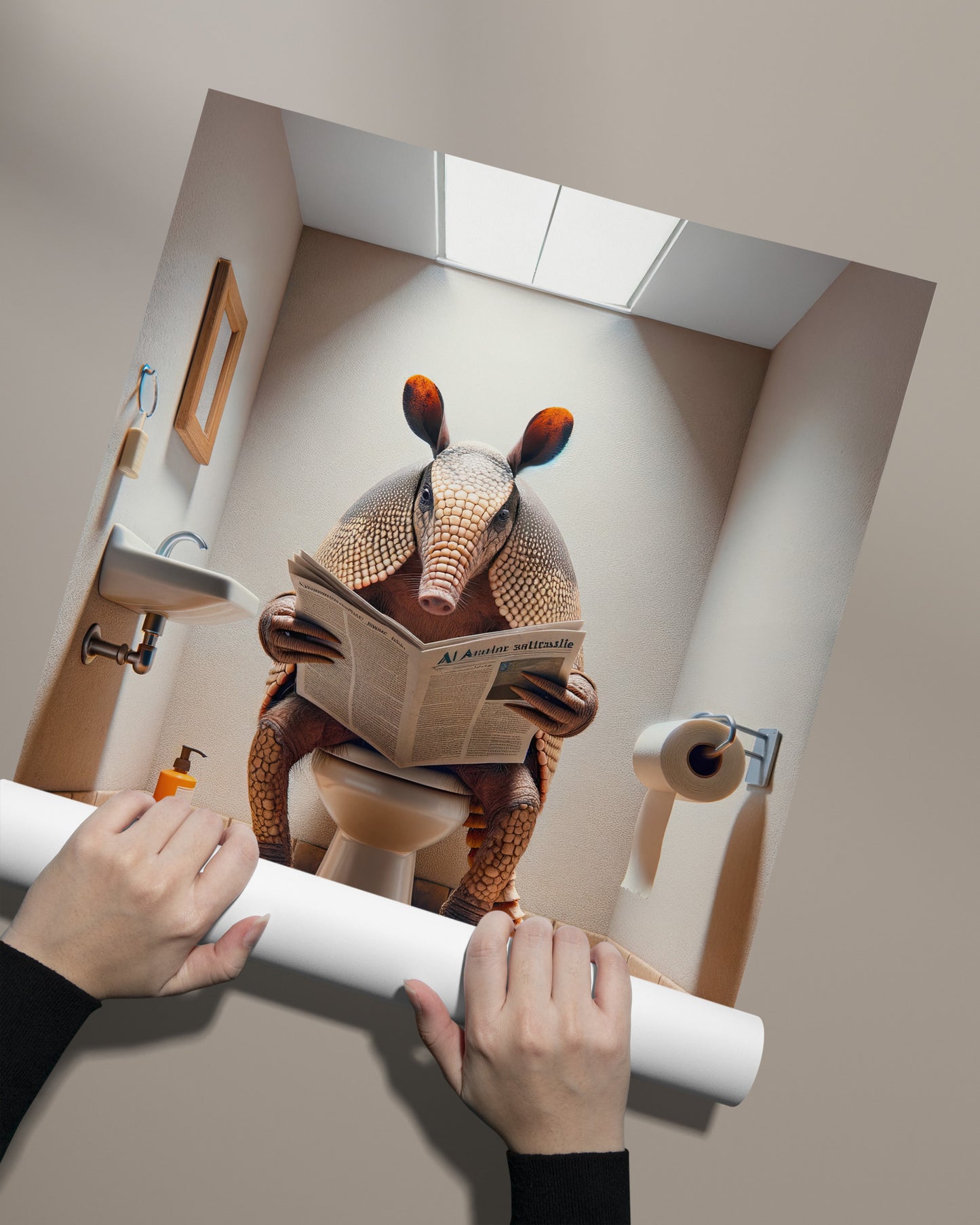 Armadillo Reading Newspaper Poster - Funny Bathroom Wall Art Decor - Unique WC Toilet Gag Gift