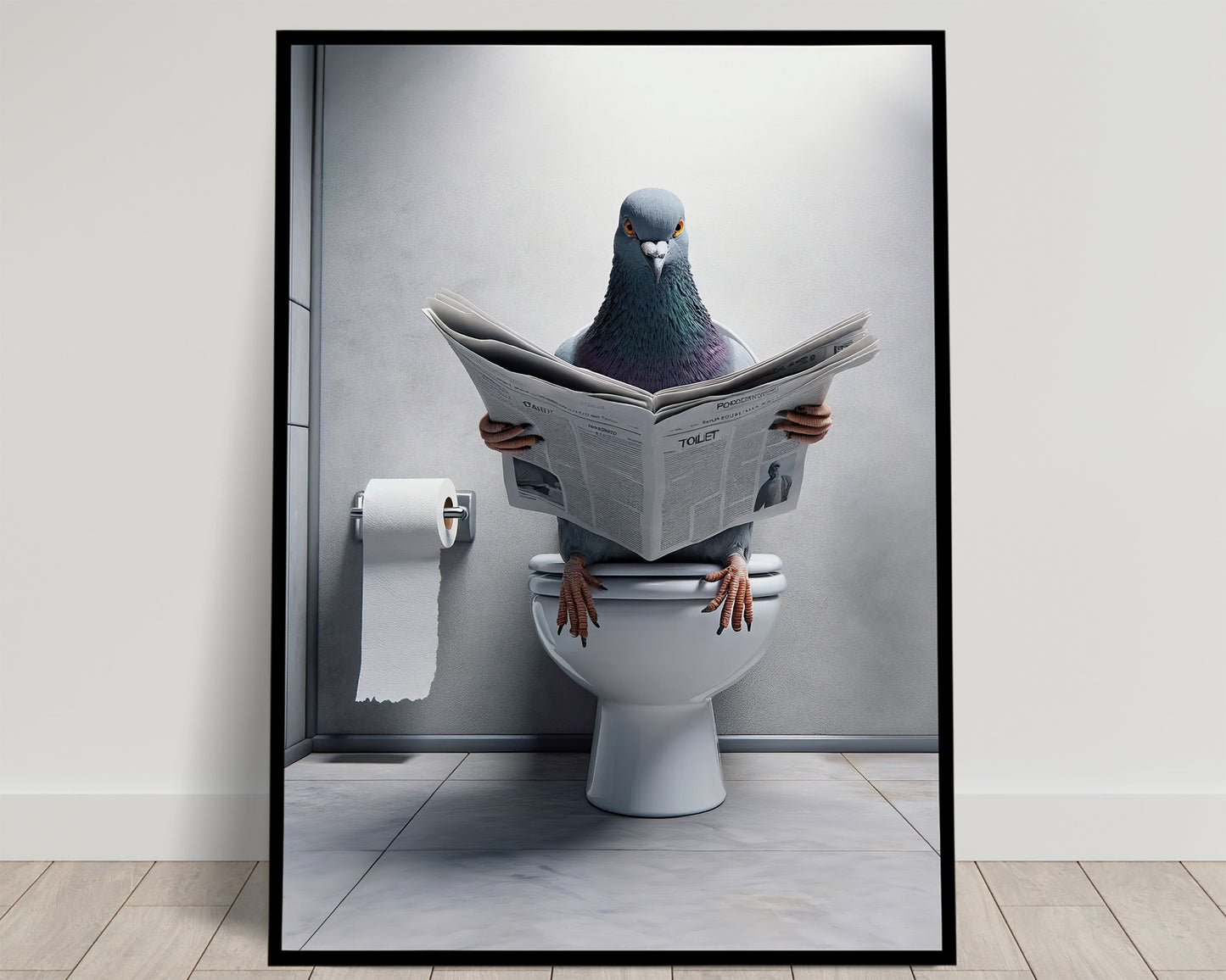 Funny Bathroom Wall Art - Pigeon Reading Newspaper Poster | Unique WC Toilet Decor | Humorous Gift Idea