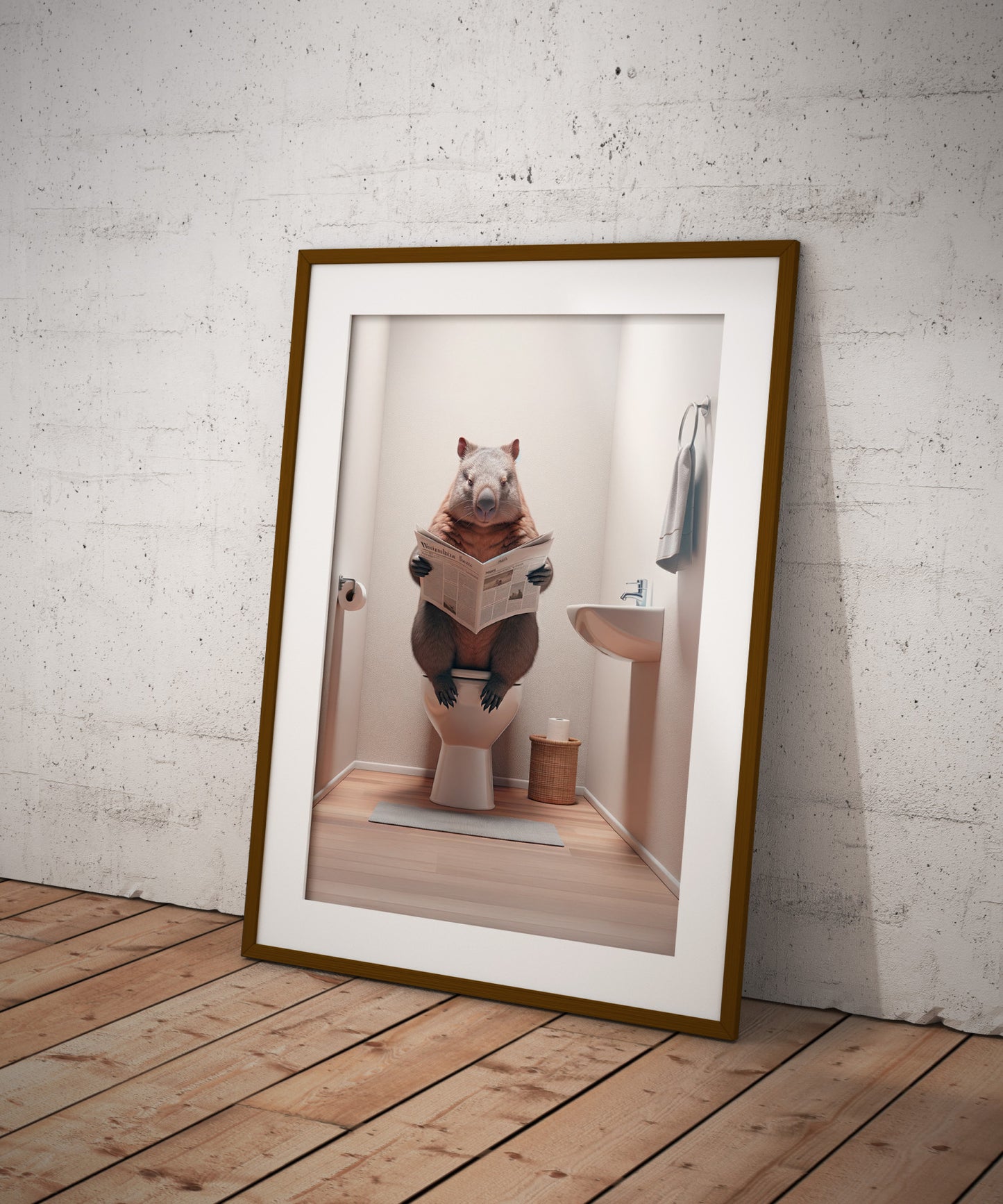 Wombat Reading Newspaper Toilet Poster - Unique Funny Bathroom Wall Art & Gag Gift Decor for WC