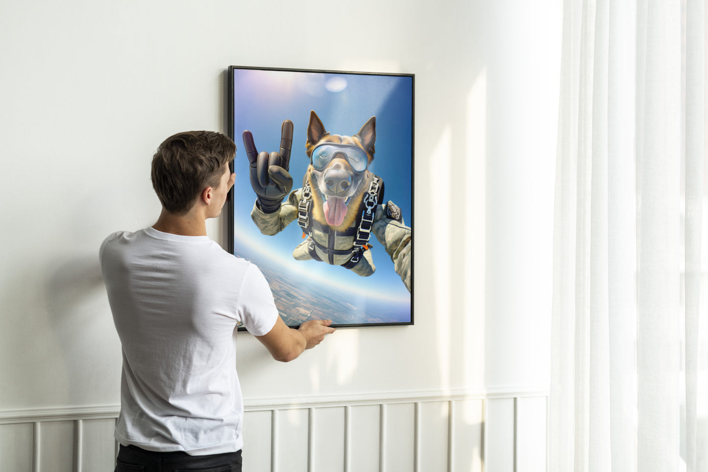 "Epic Skydiving Belgian Malinois Poster - Unique Animal Wall Art for Dog Lovers & Extreme Sports Decor"