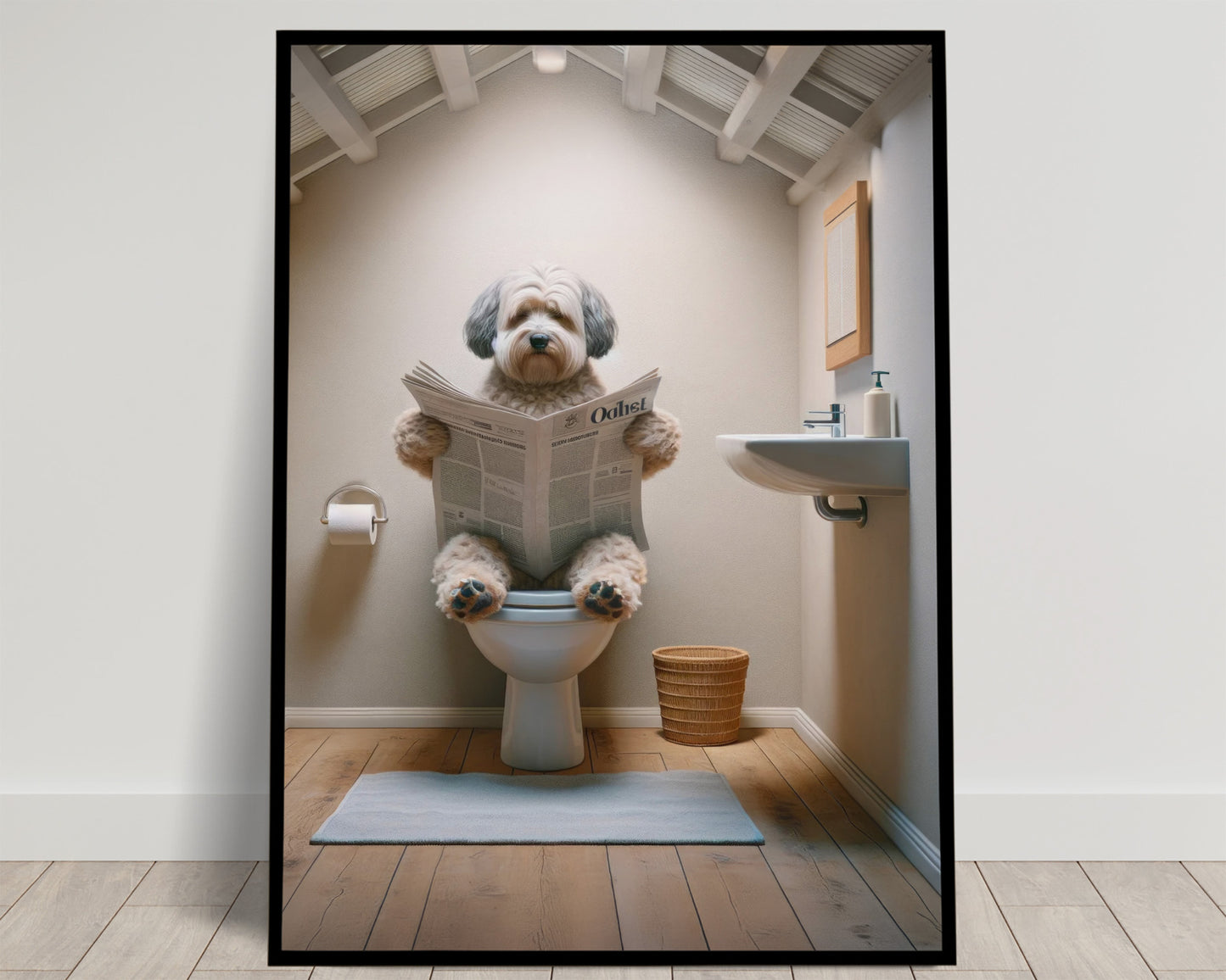 Poster Humour: Bichon Havanais lisant aux Toilettes - Décoration Salle de Bain, Cadeau Amusant