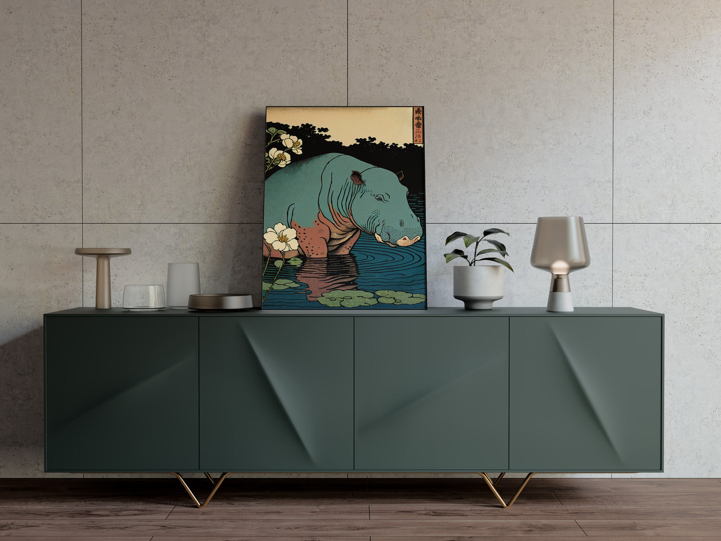 Vintage Japanese Ukiyo-e Hippopotamus Poster | Animal Wall Art Print for Home Decor