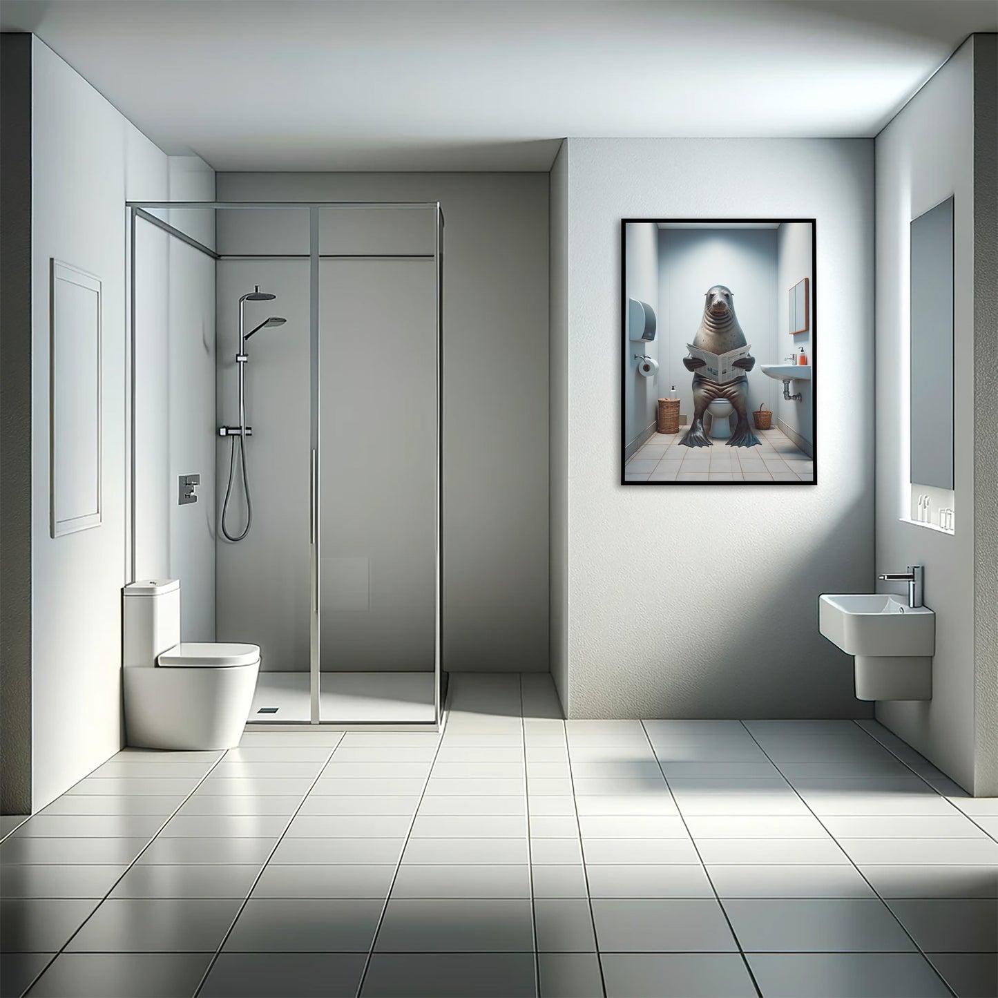 Funny Bathroom Wall Art Poster - Seal Reading Newspaper on Toilet | Unique WC Decor | Humorous Gift Idea