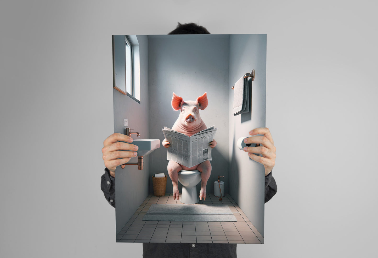 Funny Pig Reading Newspaper Poster - Quirky Bathroom Wall Art, Unique WC Decor, Humorous Gag Gift for Toilet Room