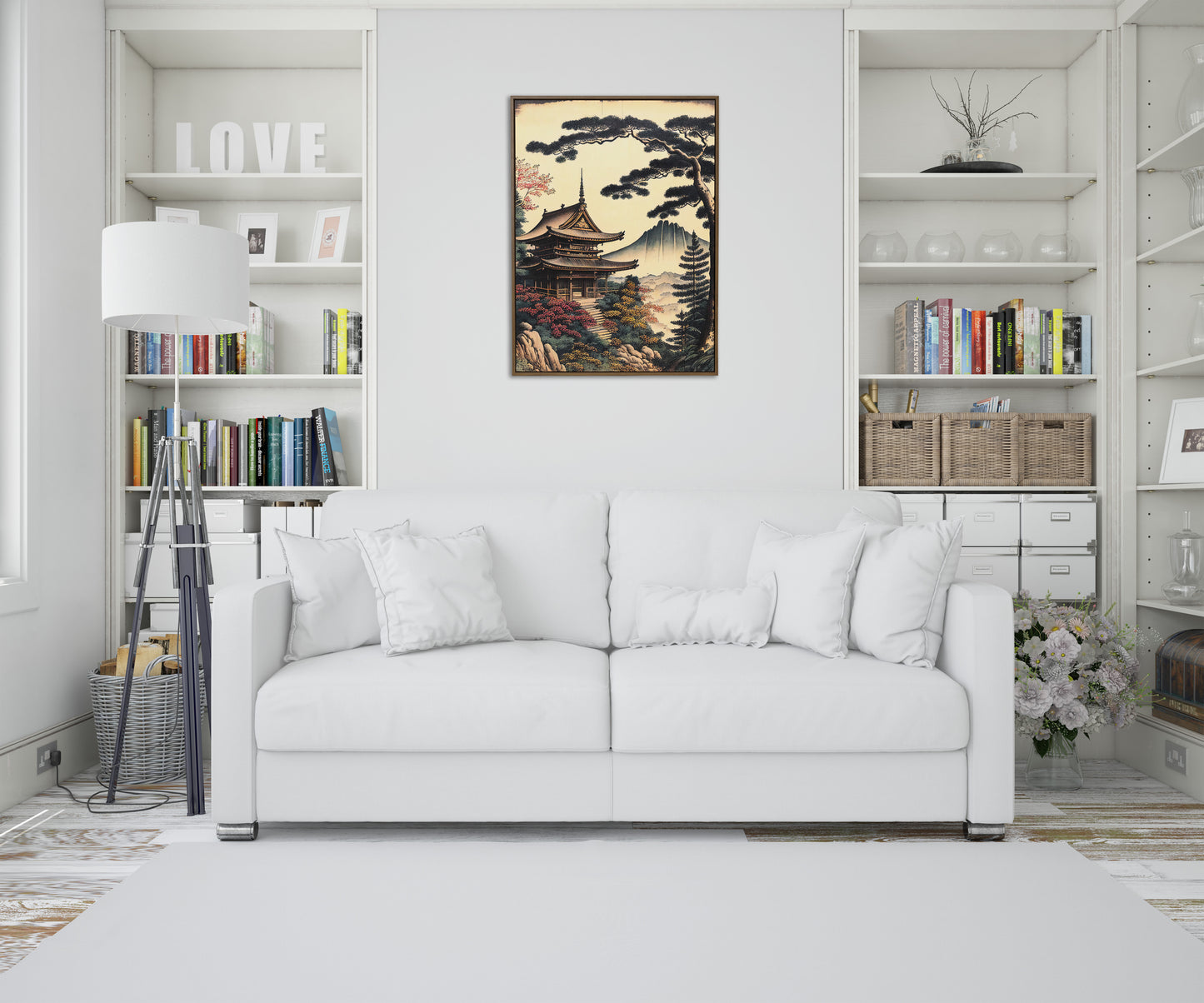 Japanese Temple Wall Poster – Artistic Japanese Style Illustration, Rural Landscape Wall Decor, Frameable Poster