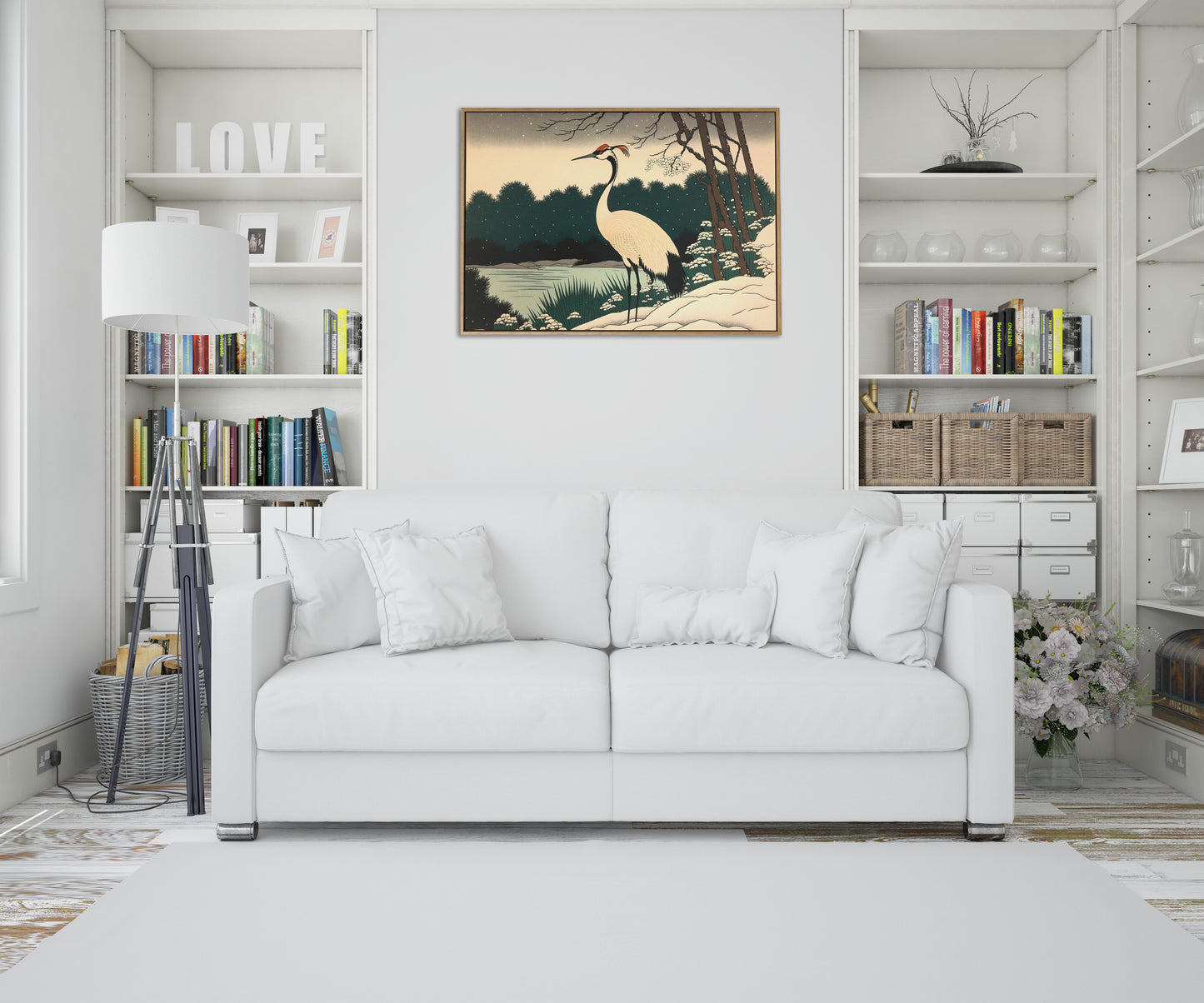 Japanese Crane Poster in Snowy Winter Landscape – Lake, Forest & Japanese Art Style – Asian Wall Decor