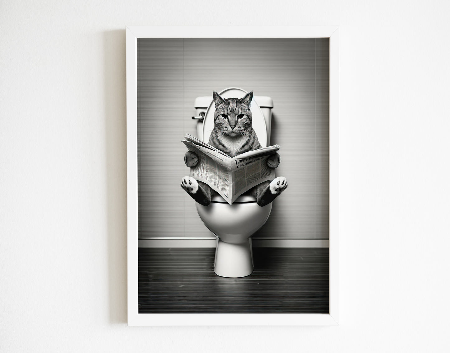 Cat Reading on Toilet Poster - Black & White Bathroom Wall Art | Fun WC Decor | Funny Gift for Cat Lovers