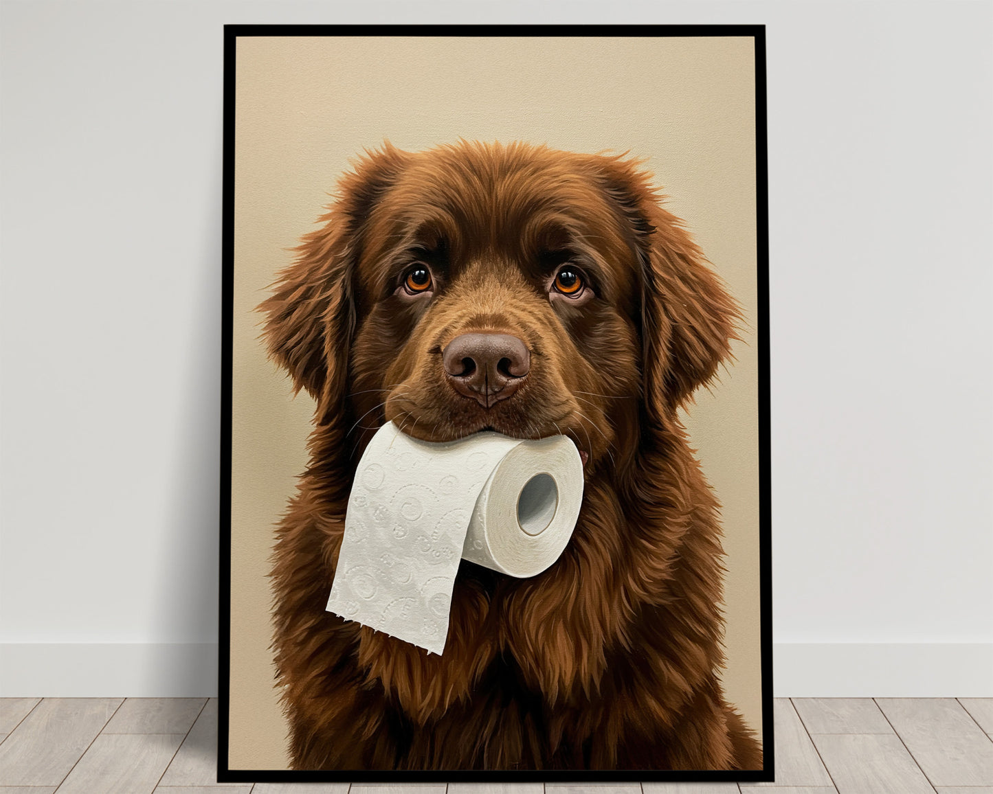 Terre-neuve mordant un rouleau de papier toilette, Humour Toilettes, Poster WC, Cadeau Terre-neuve, Affiche encadrée, Poster chien