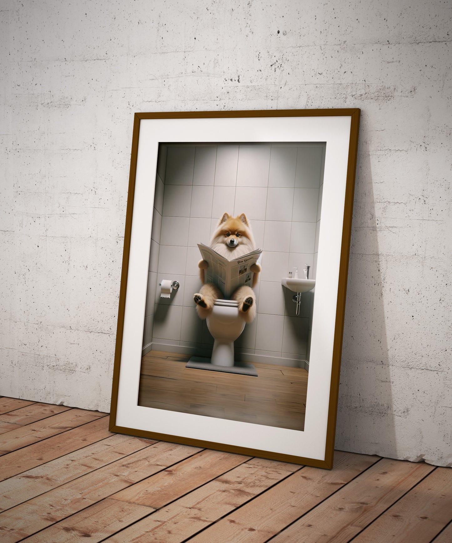 Poster Humoristique : Spitz Allemand Lisant sur les Toilettes | Décoration WC | Cadeau Original Salle de Bain