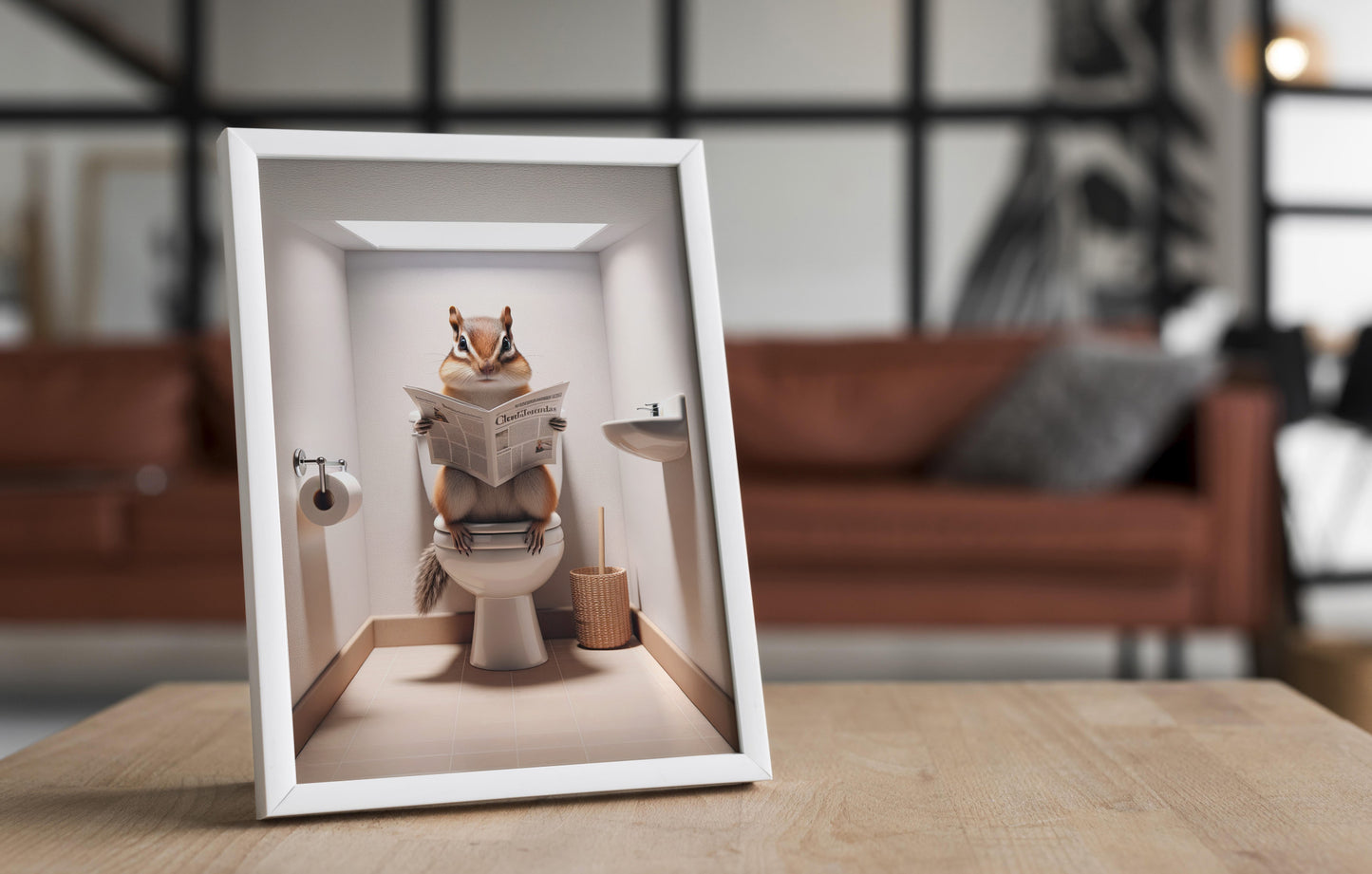 Poster humour : Écureuil lisant le journal, Décoration WC, Cadre déco salle de bain, Art mural drôle, Cadeau original Toilettes