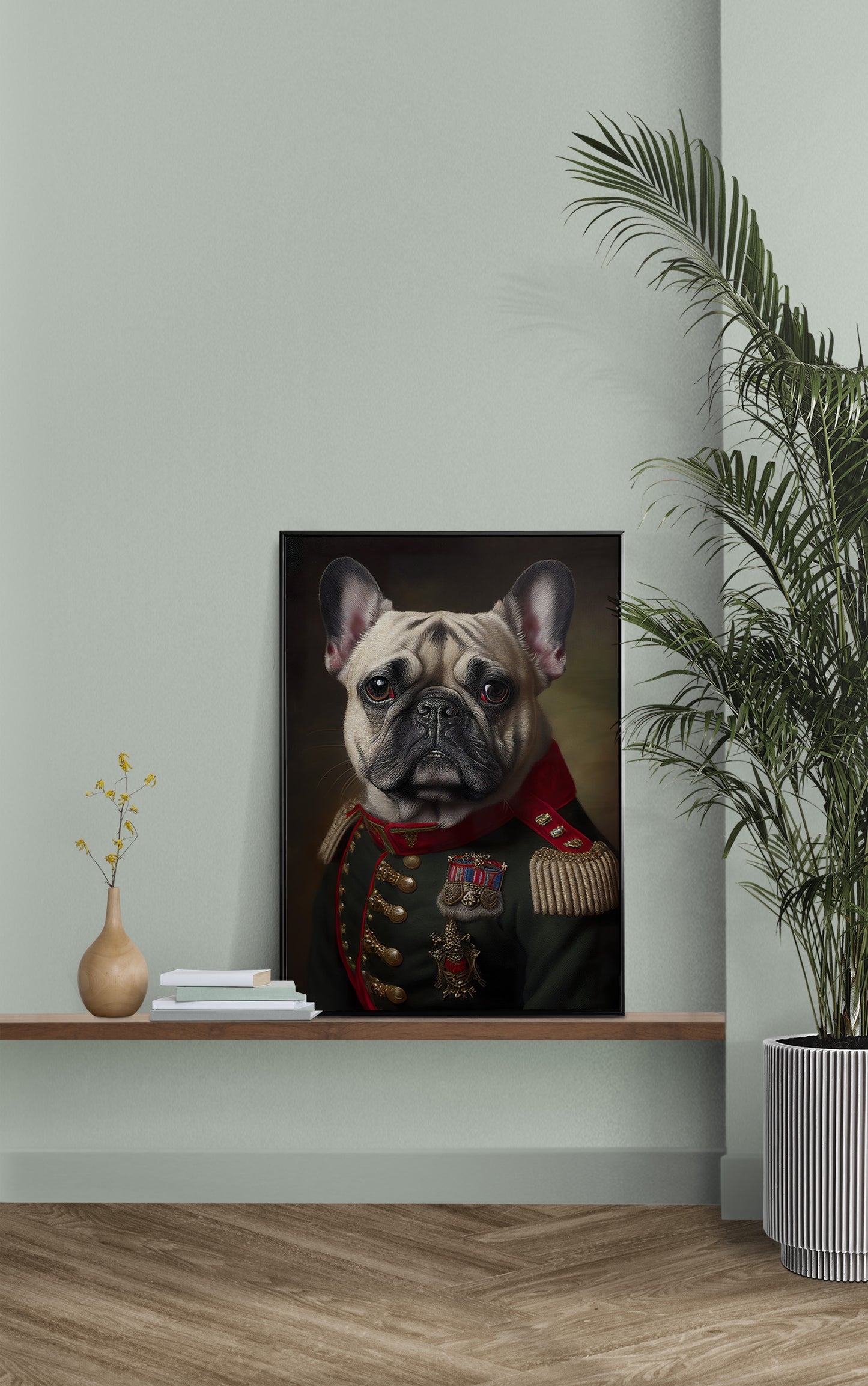 French Bulldog in Military Uniform Poster, Animal Wall Art, Dog Decor, Framed Wall Poster