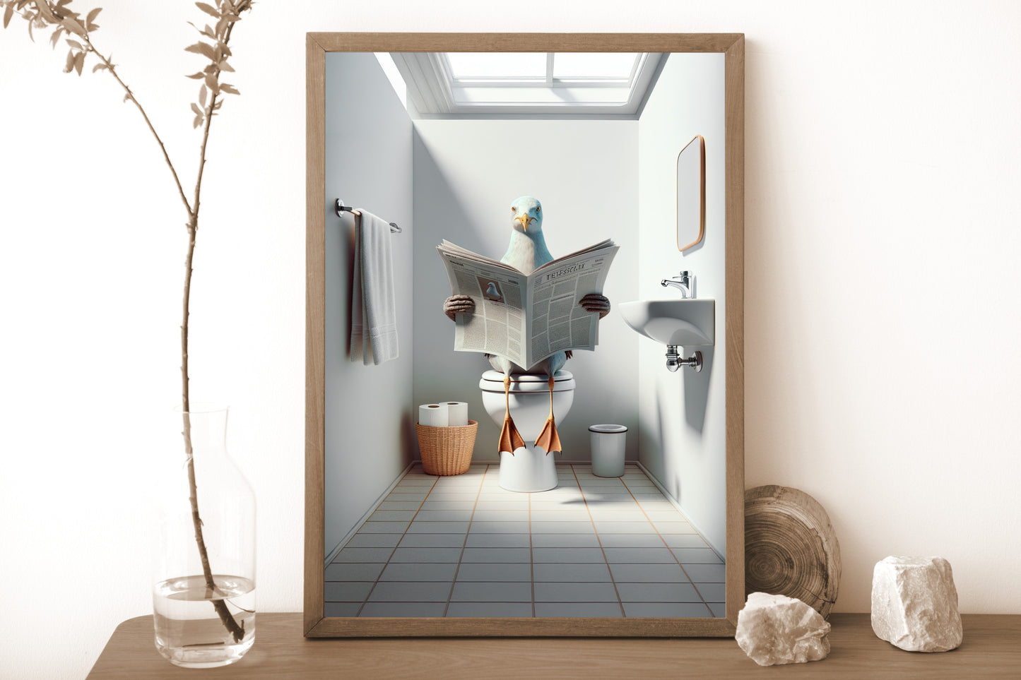 Poster Humour : Mouette lisant le journal aux toilettes - Décoration WC, Salle de Bain, Cadeau Original et Fun