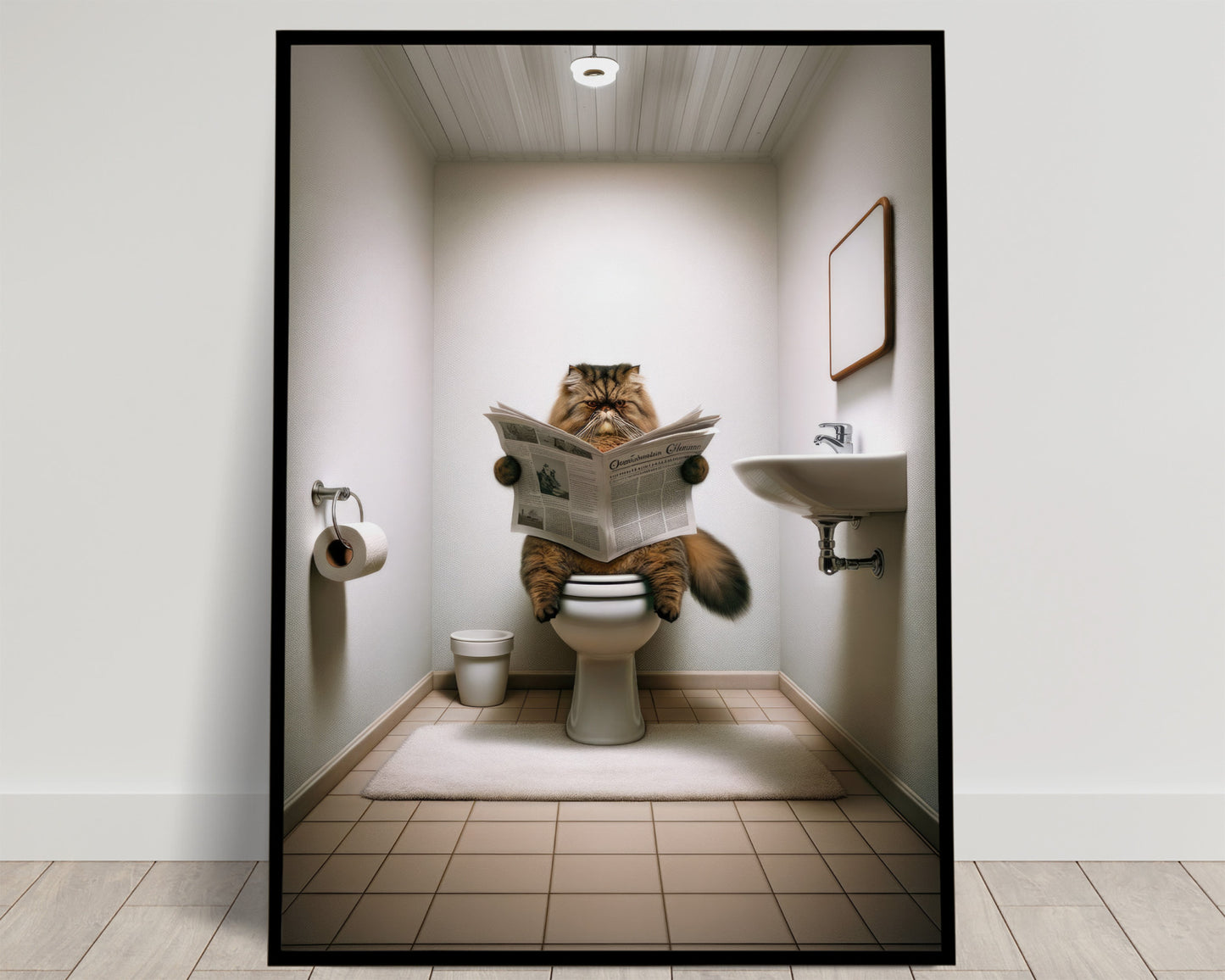 Affiche Humoristique Chat Persan Tigré Marron lisant, Poster Déco Toilettes & Salle de Bain, Cadeau Original Chat Fun
