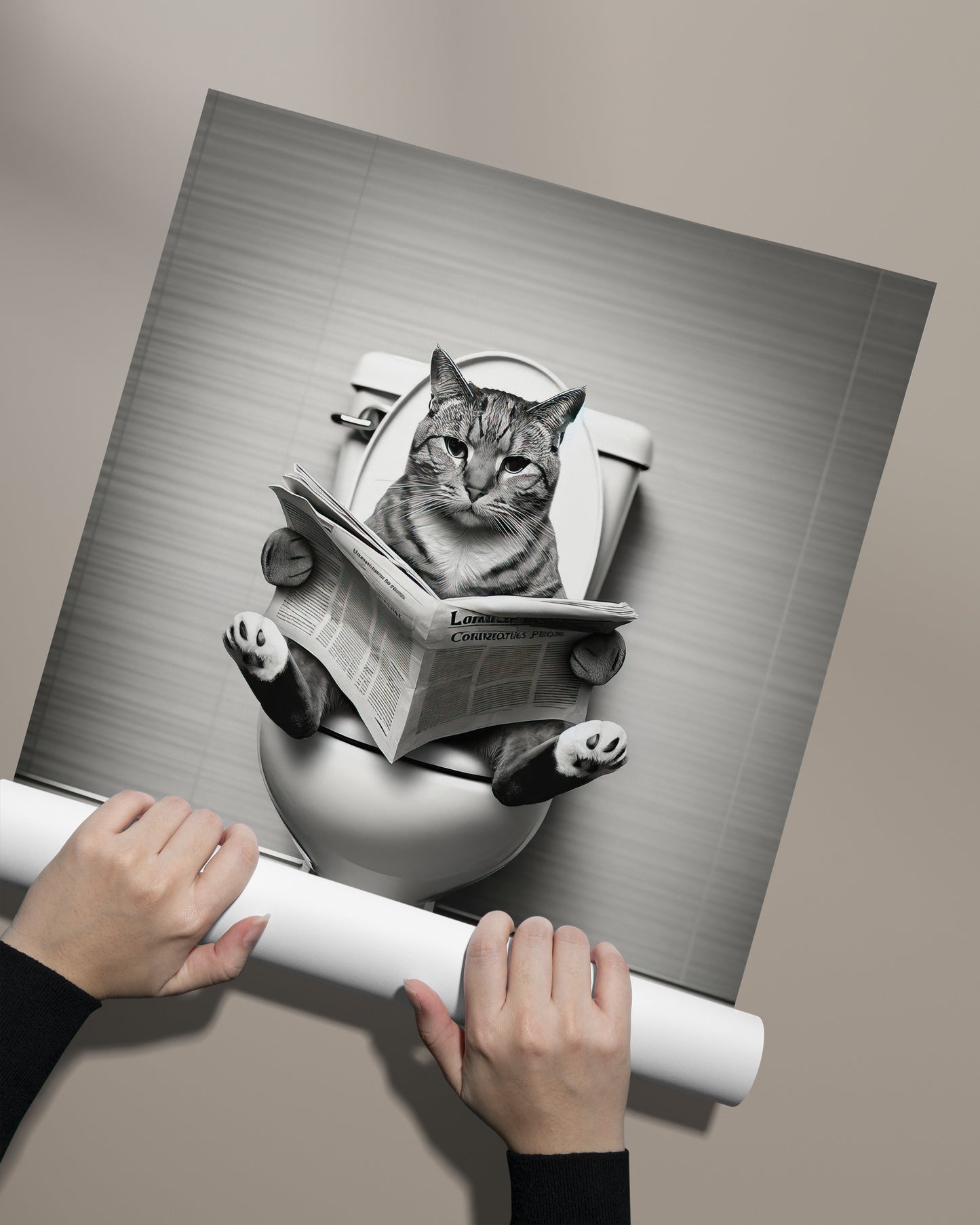 Cat Reading on Toilet Poster - Black & White Bathroom Wall Art | Fun WC Decor | Funny Gift for Cat Lovers