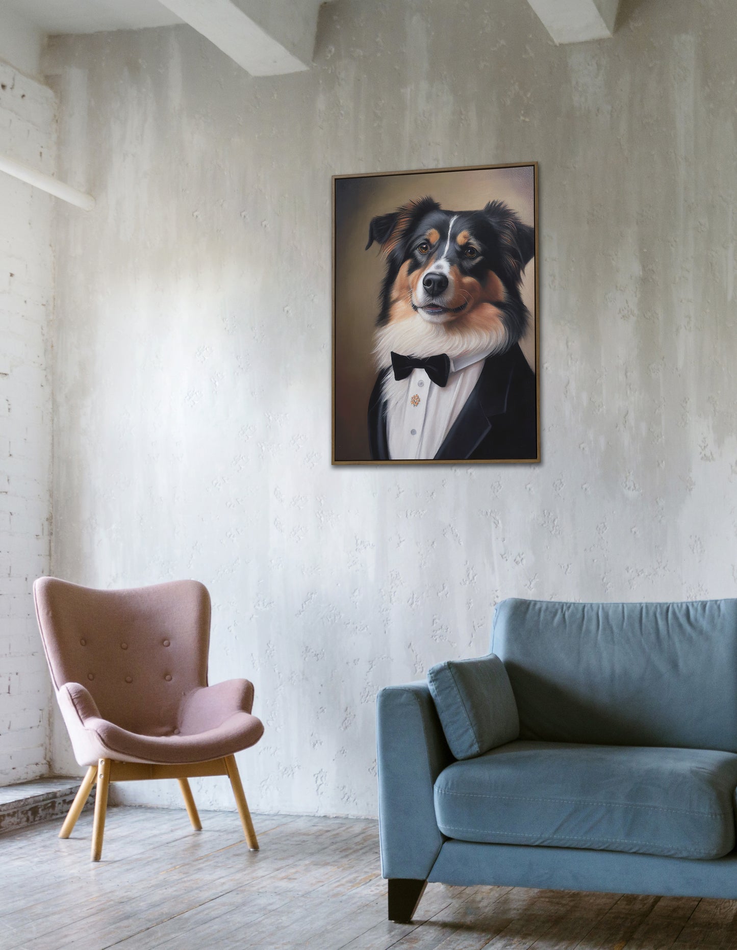 Poster Chien Chic - Portrait Berger Australien en Smoking, Tableau Humour, Décoration Murale