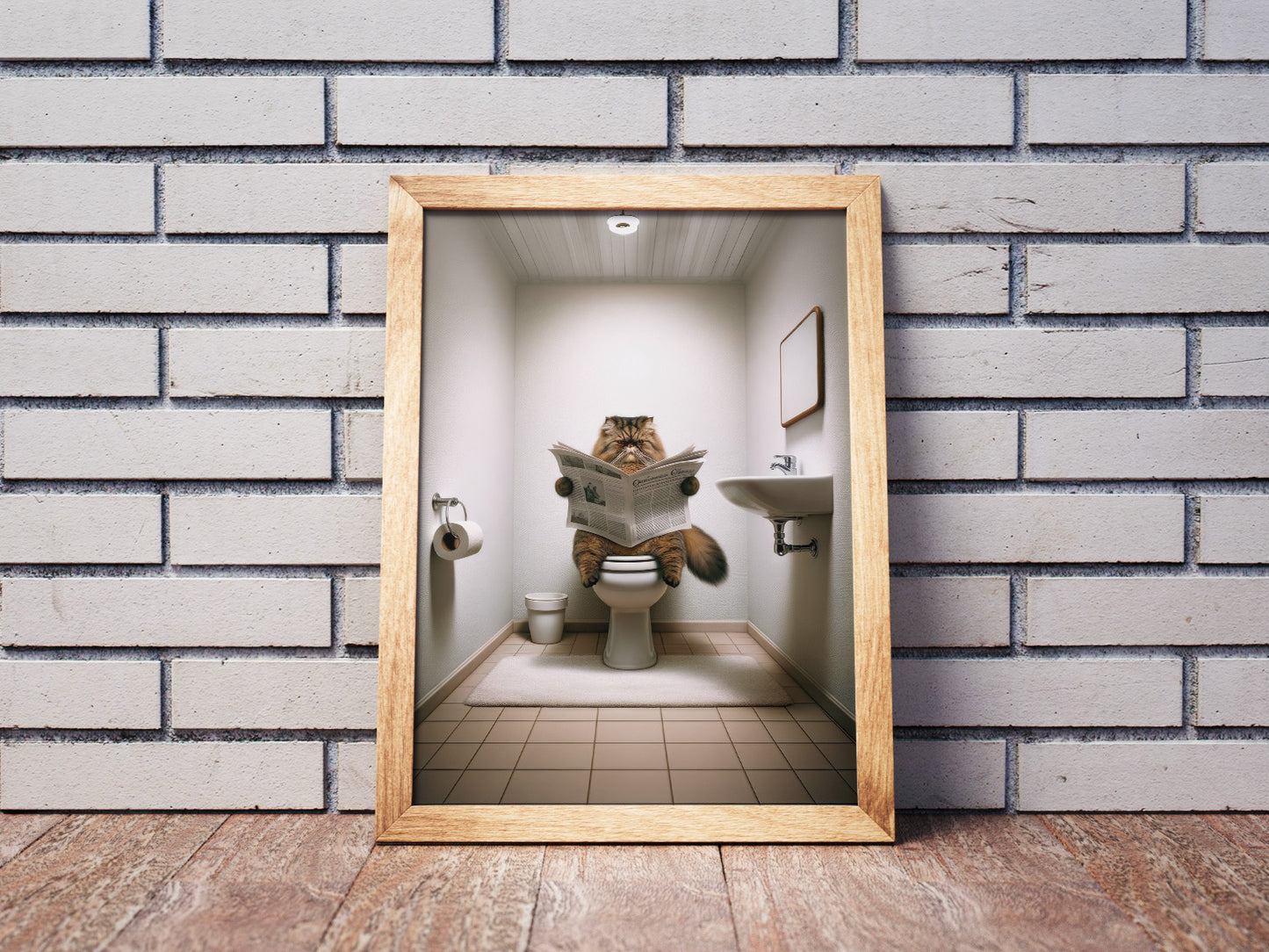 Affiche Humoristique Chat Persan Tigré Marron lisant, Poster Déco Toilettes & Salle de Bain, Cadeau Original Chat Fun